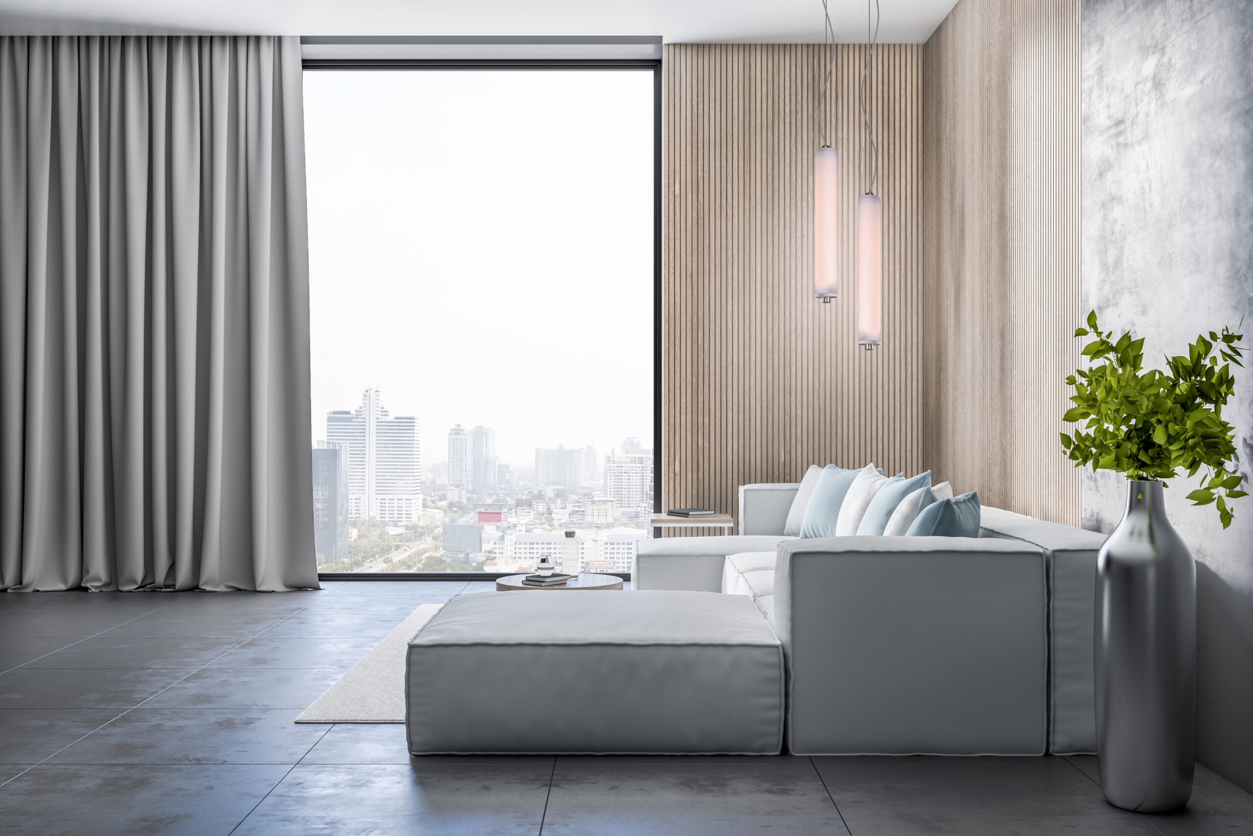 Lampa wisząca pionowa LONGA mleczny klosz z betonowym detalem