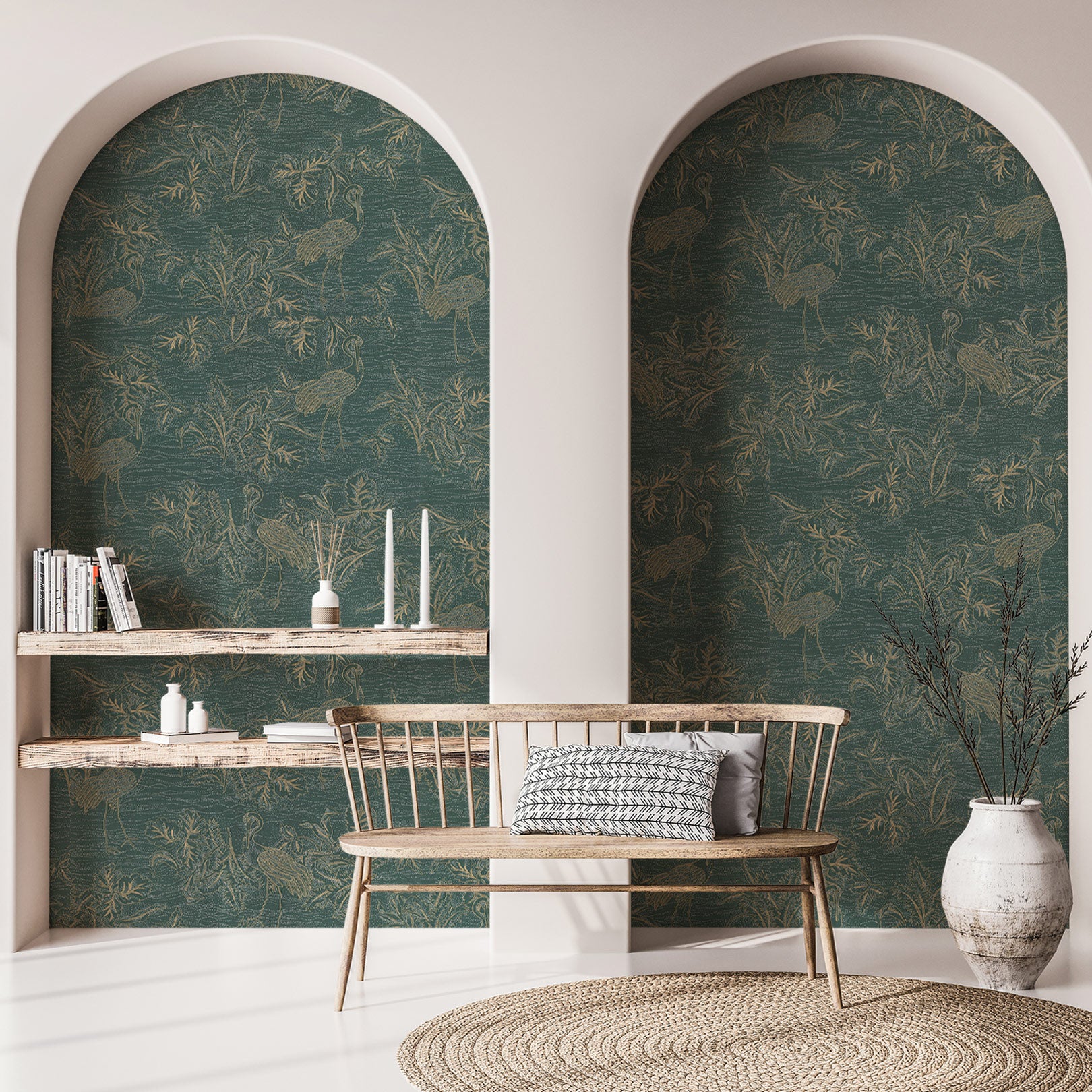 Structural wallpaper with a plant and animal motif MIRADOR - CYPRÈS/DORÉ green with gold
