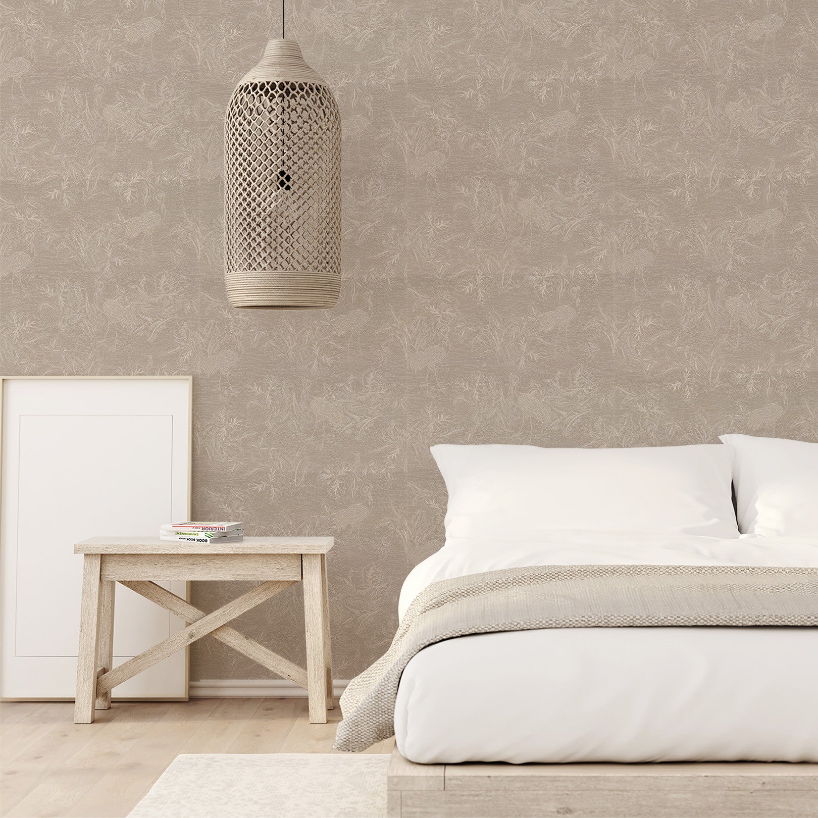 Structural wallpaper with a plant and animal motif MIRADOR - MARRON GLACÉ/NACRÉ brown