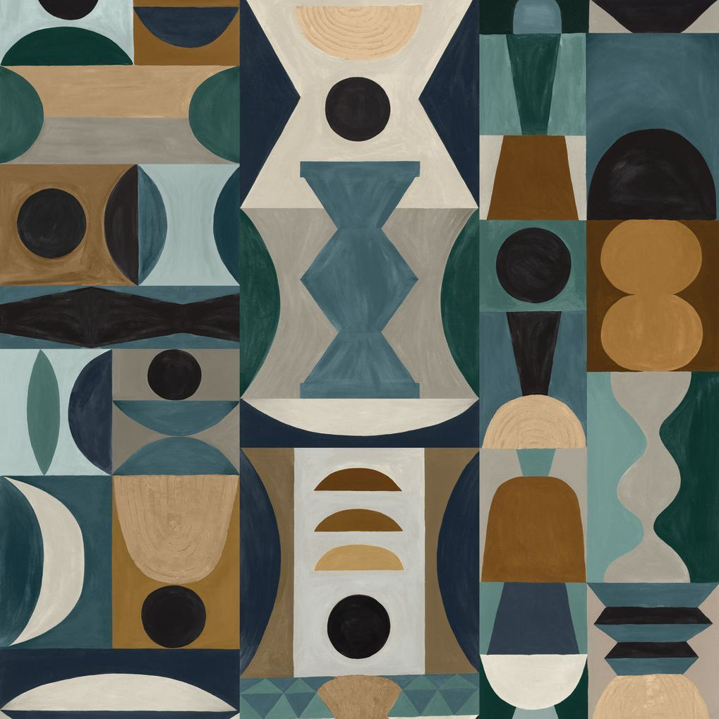 Mural with geometric pattern MODELAGE - BLUE/CELEDON blue with celadon