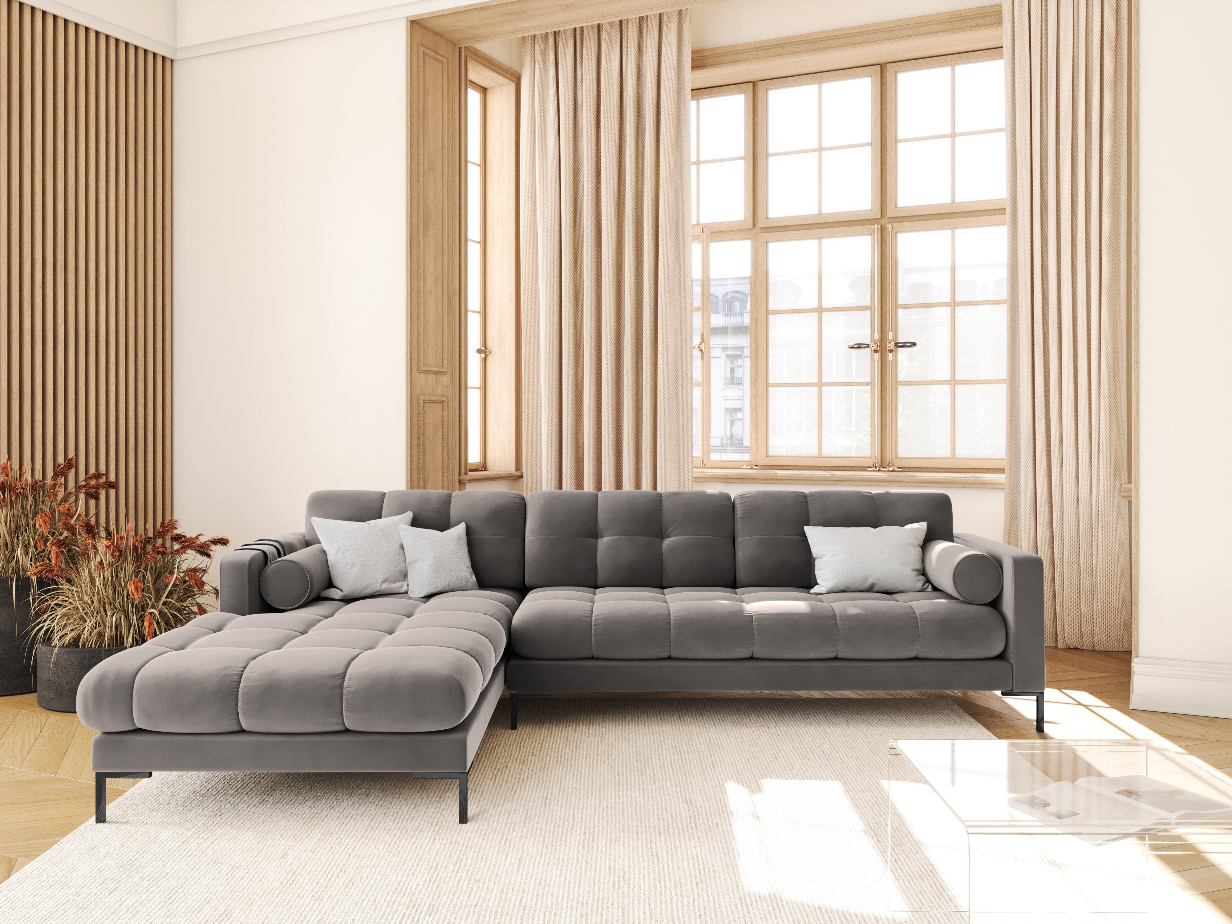 Narożnik aksamitny lewostronny BALI jasnoszary z czarną podstawą Cosmopolitan Design    Eye on Design