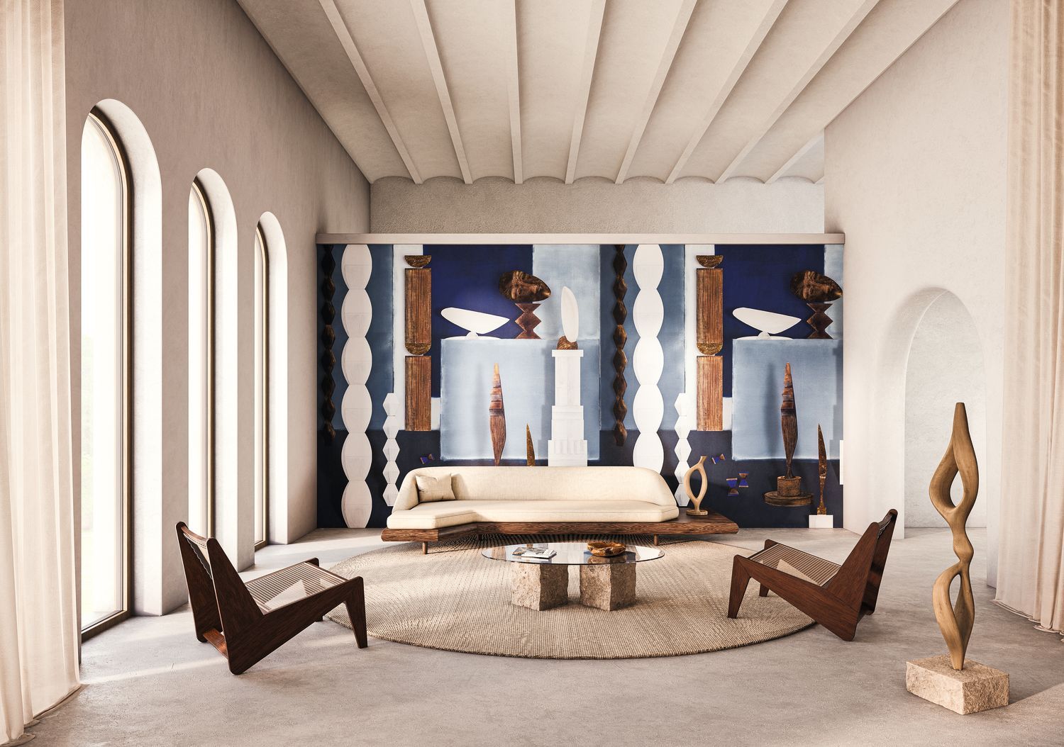 Nástěnná malba s uměleckým motivem L'ATELIER DE BRANCUSI - BLEU D'EGYPTE modrá s bílou