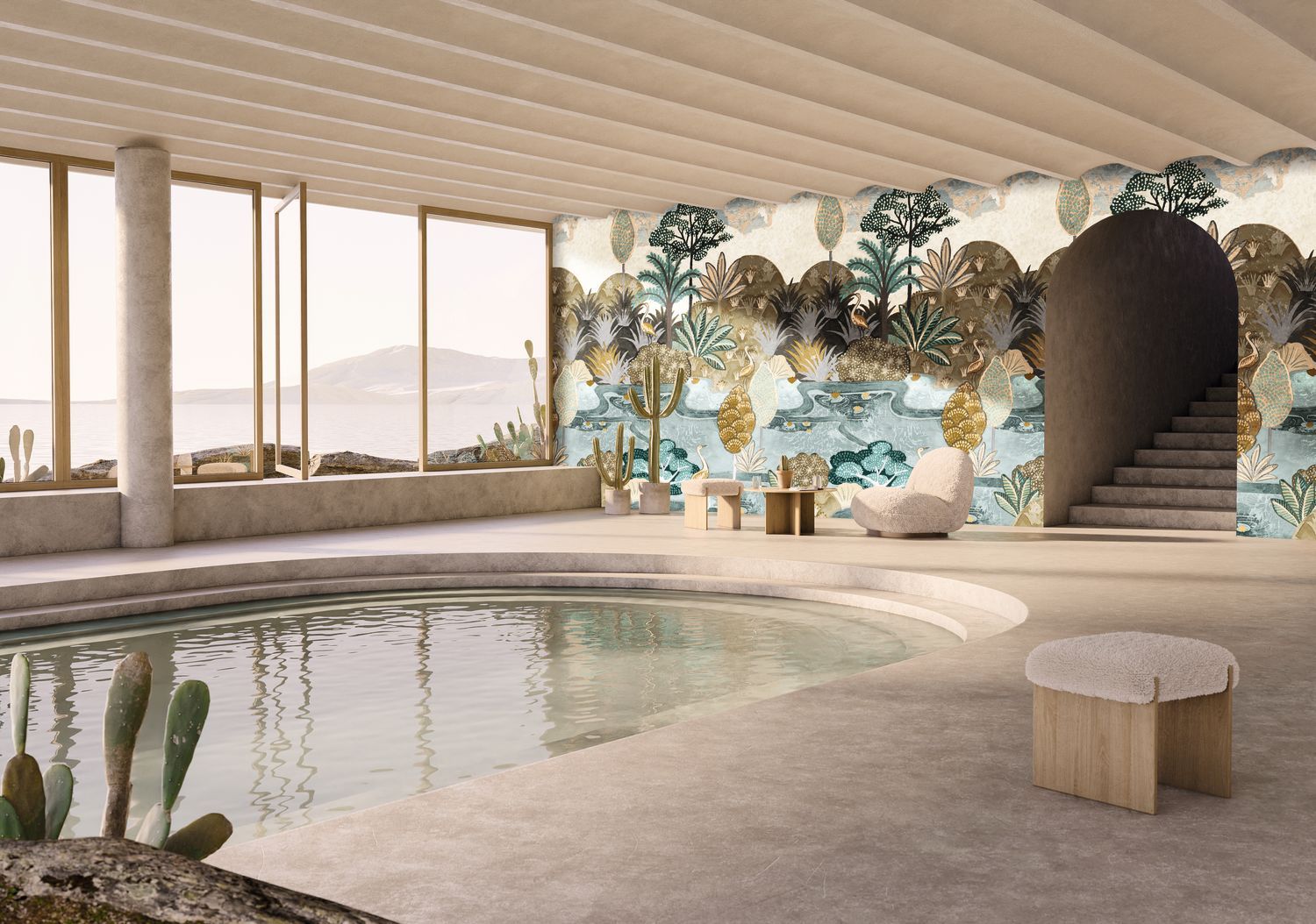 Nástěnná malba s rostlinným a zvířecím motivem ptáků ARUBA - CELADON/MORDORÉ seledynová s hnědou