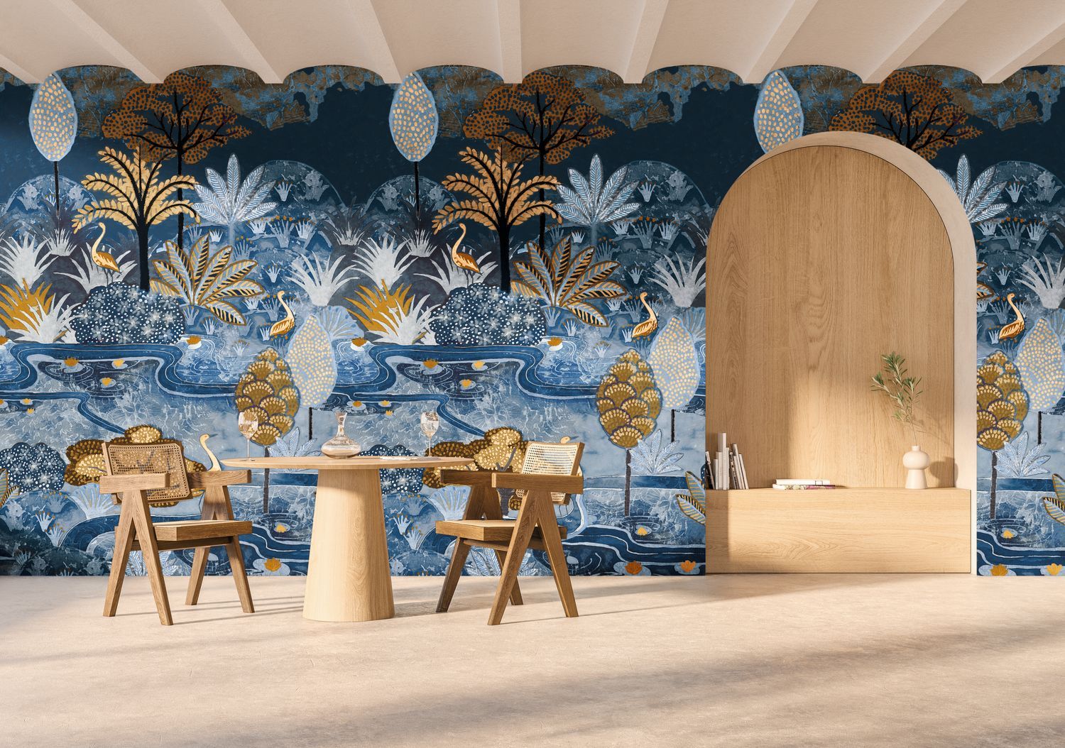 Nástěnná malba s rostlinným a zvířecím motivem ptáků ARUBA - BLEU D'EGYPTE tmavě modrá se žlutou