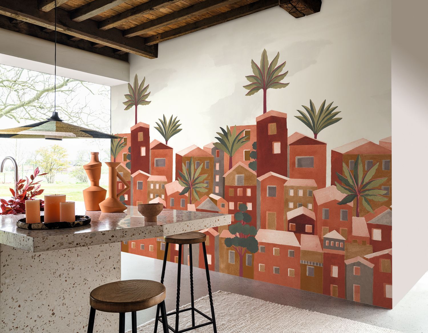 Nástěnná malba s městskou krajinou budov VILA VIELA INT - TERAKOTA terakota