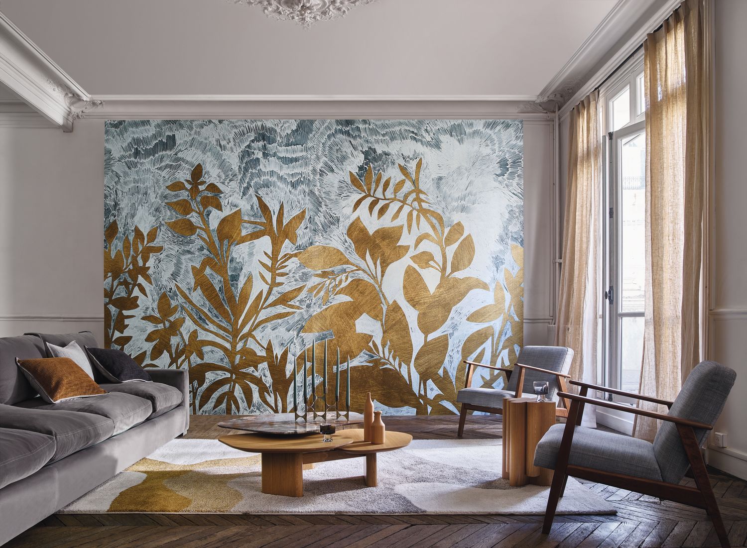 Mural with a plant motif of FLEUR DE LUNE - CLOUD GRAY/GOLD gray with gold