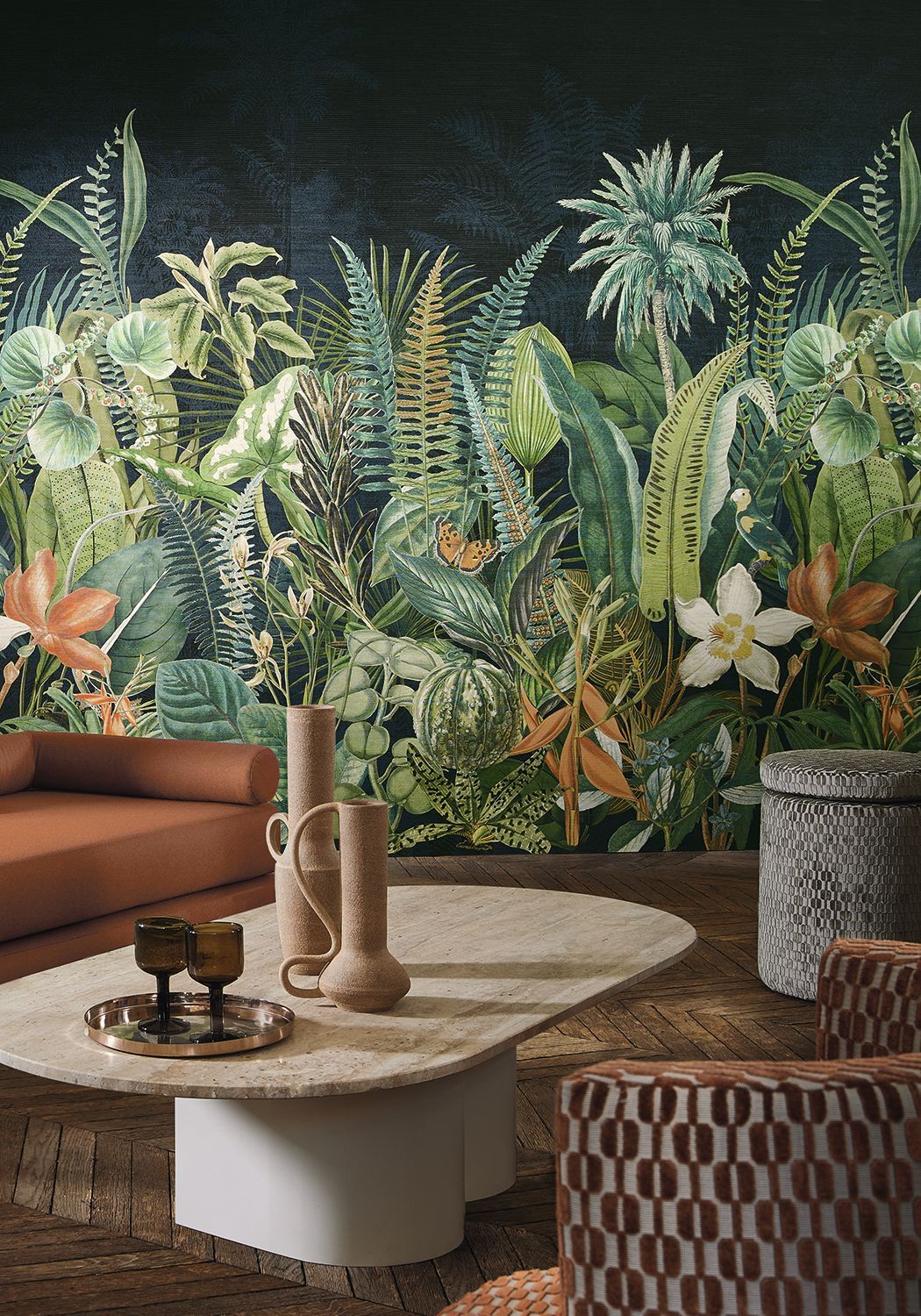 Nástěnná malba s rostlinným motivem DAINTREE - TMAVĚ MODRÁ/ZELENÁ MOUSSE granátová s zelenou