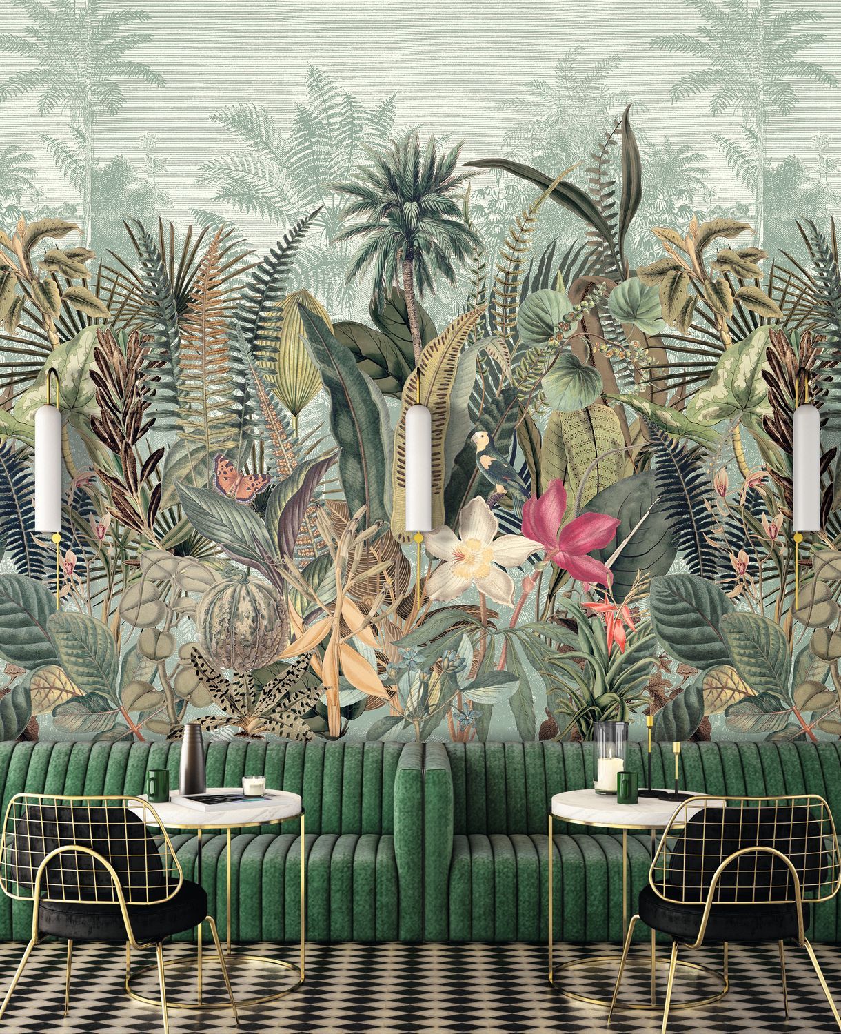 Nástěnná malba s rostlinným motivem DAINTREE - SELEDYNOVÁ/KHAKI seledynová s khaki