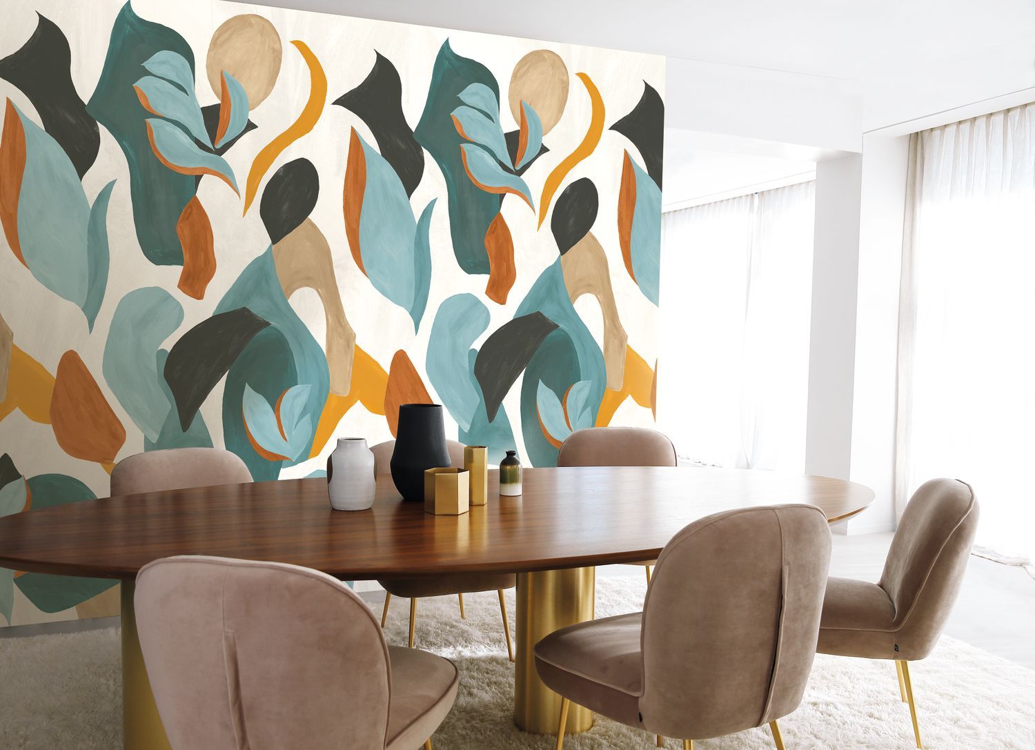 Abstract mural with a plant motif MAMBO - WHITE/CELEDON white with celadon