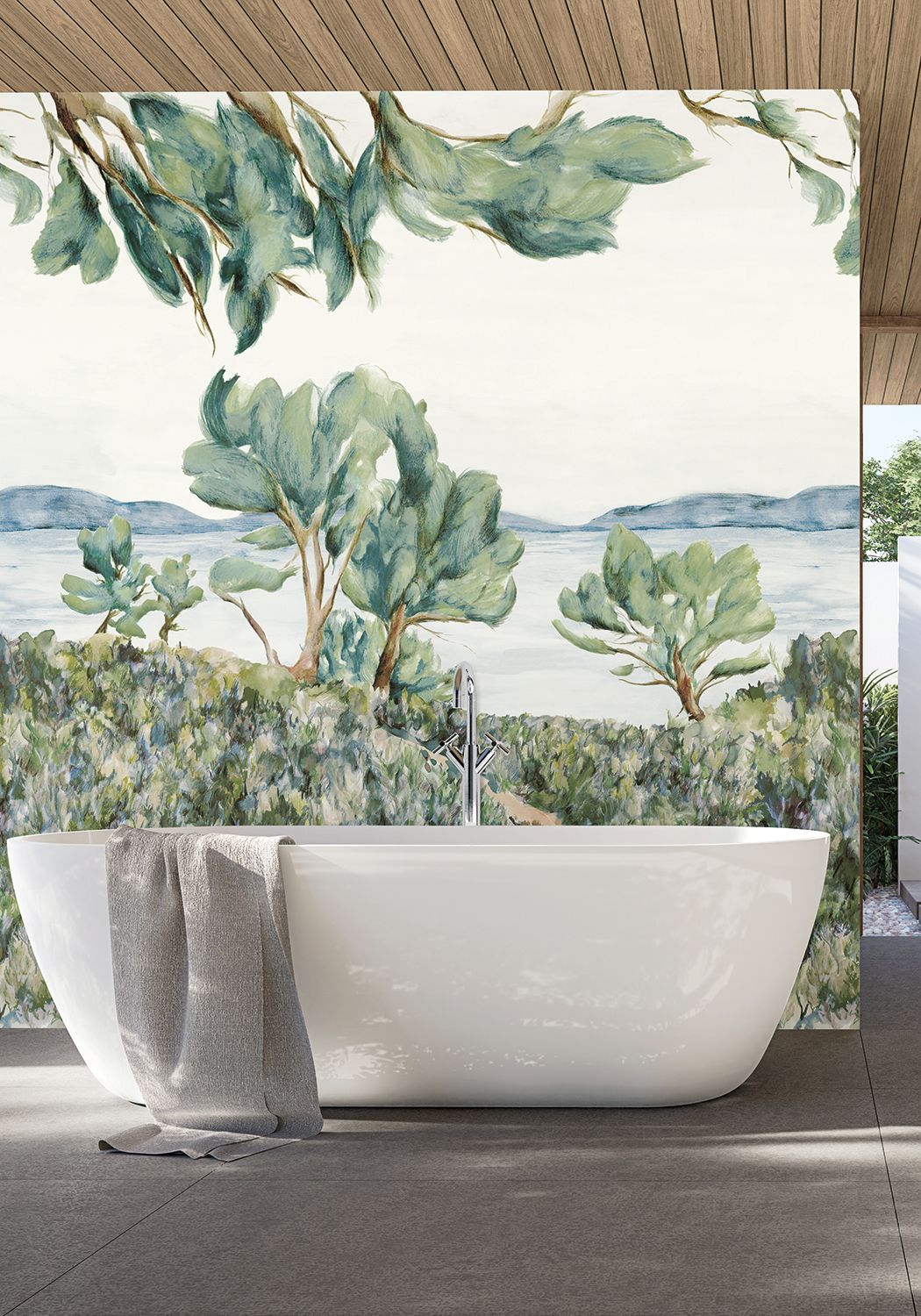 Nástěnná malba s rostlinnou krajinou FELIX - SAUGE/CELADON seledynový s modrou