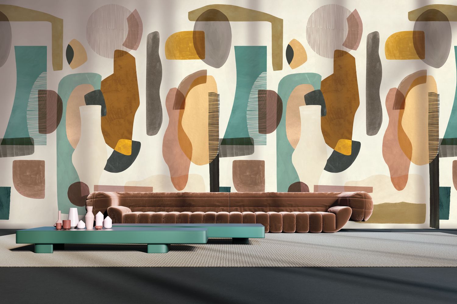 Mural with Abstract Pattern AUDRIA Brown with Beige