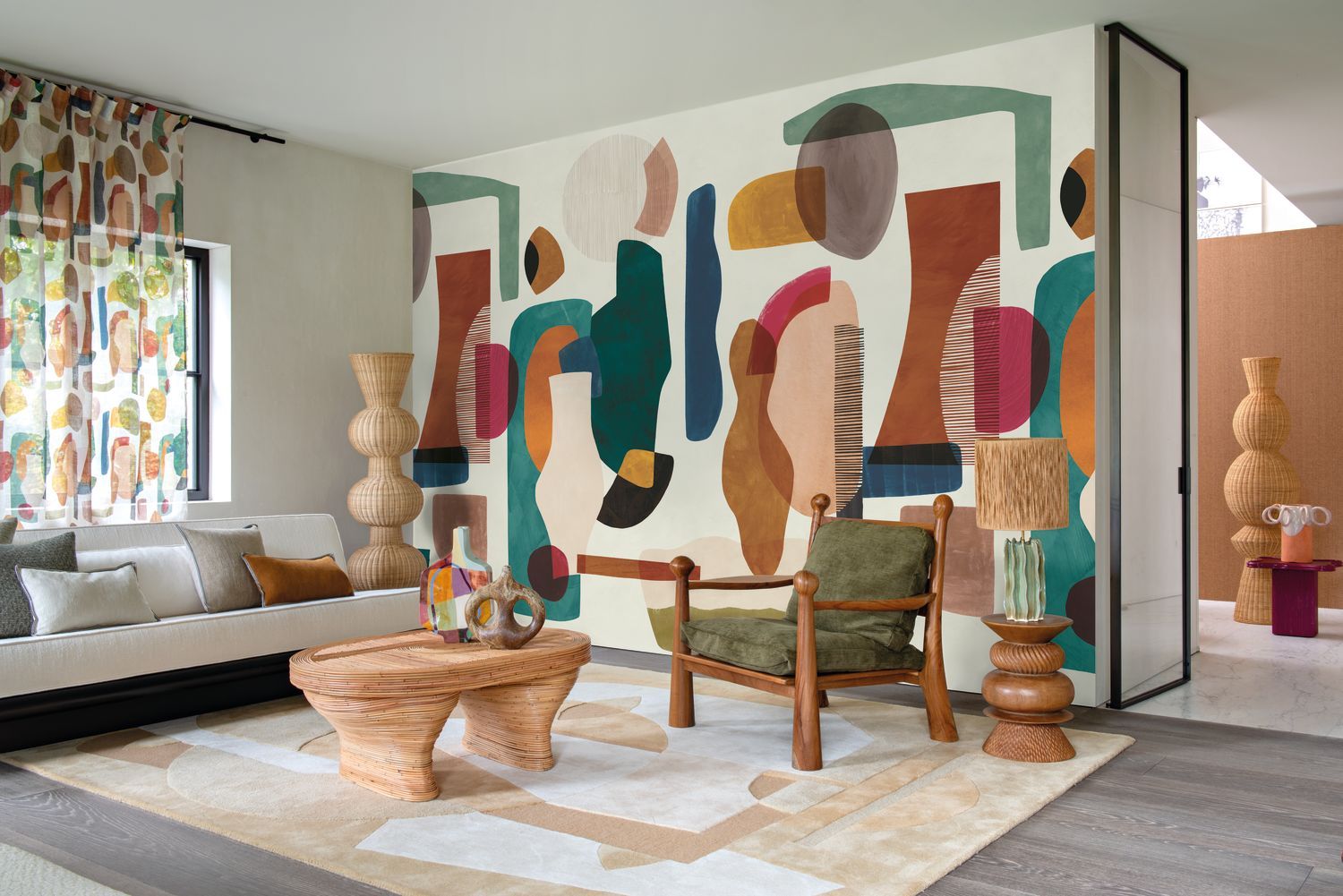 Mural with Abstract Pattern AUDRIA Brown with Beige