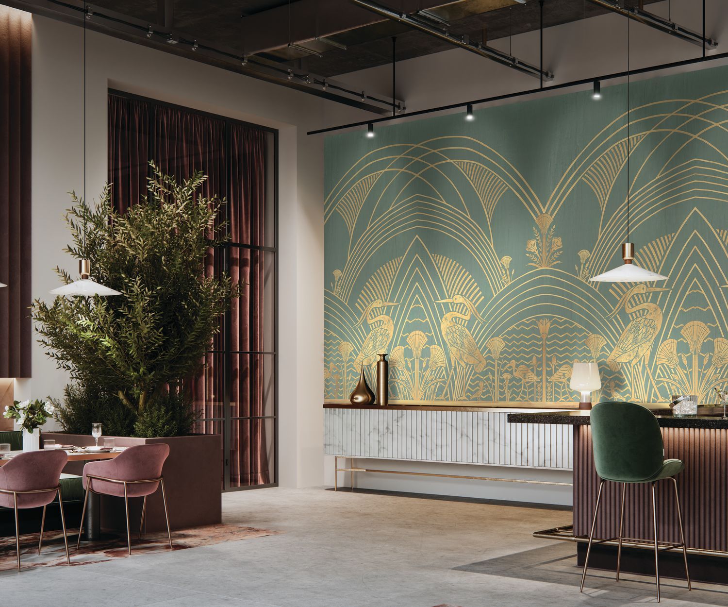 Art Deco Mural ELEPHANTINE Beige with Gold