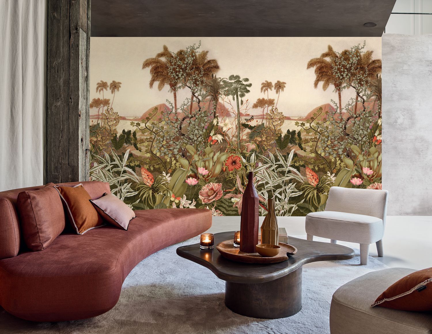 Mural z krajobrazem tropikalnych palm KISAMA beżowy z zielonym