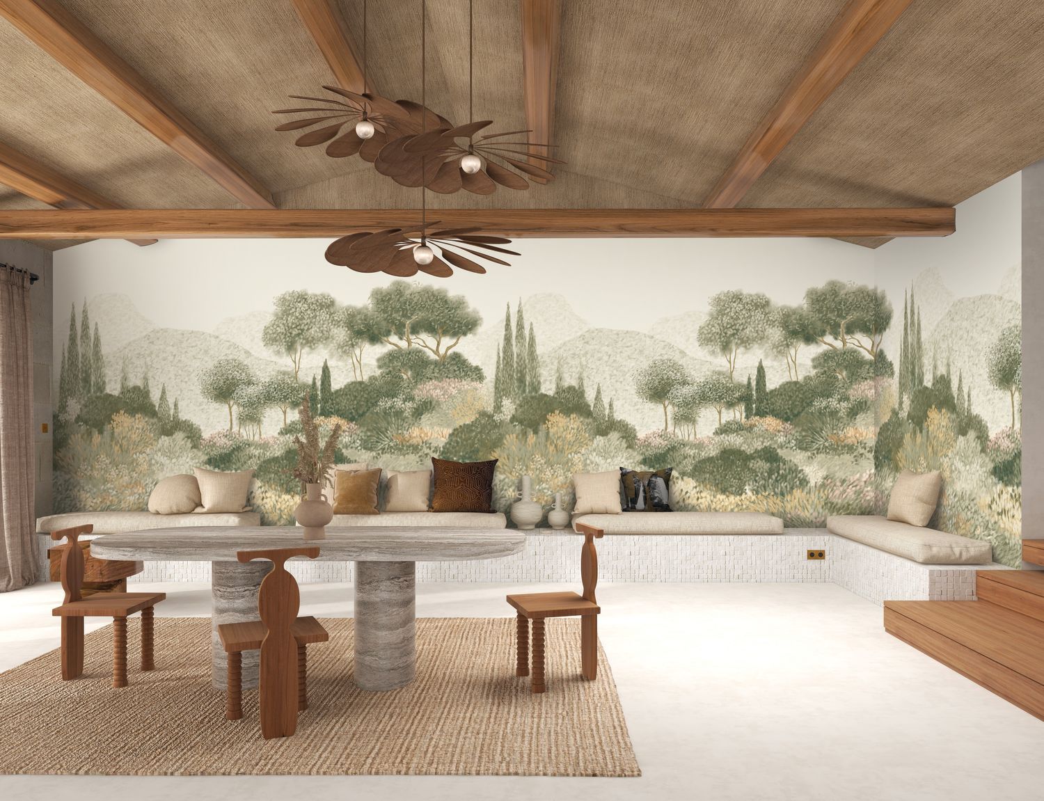 Landscape mural of trees and mountains MAQUIS CORSE beige