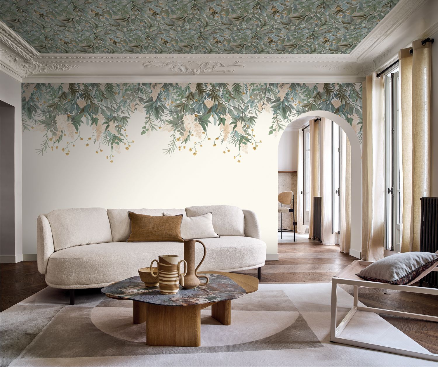 Mural z motywem roślinnym liści WISTERIA zielony z beżowym