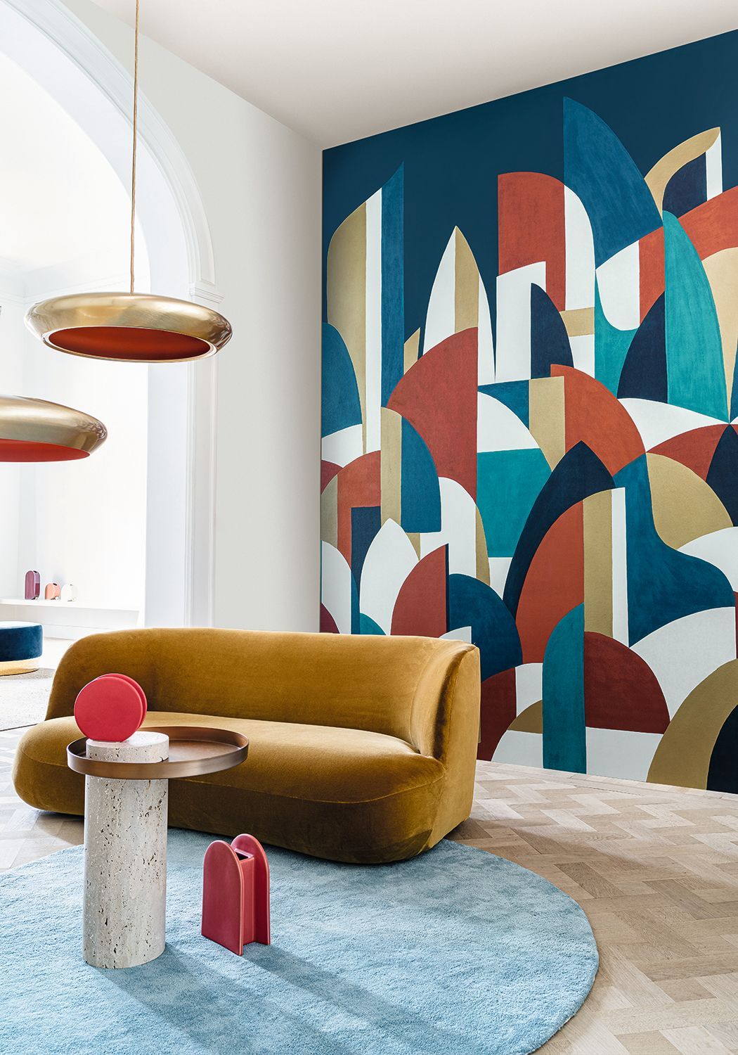Mural with Abstract Pattern PABLO Beige and Burgundy