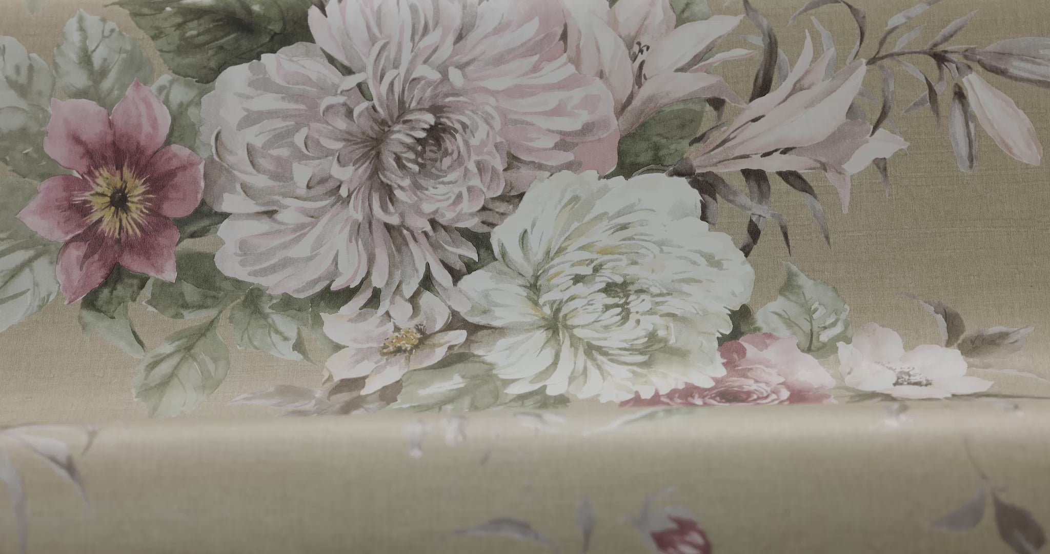 Papírová flizelinová tapeta s rostlinným vzorem FLORAL CHARM tmavě béžová s růžovou a bílou