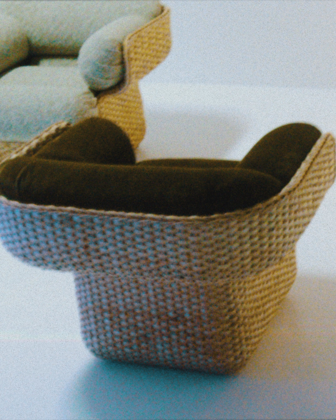 BASKET armchair in burgundy with rattan