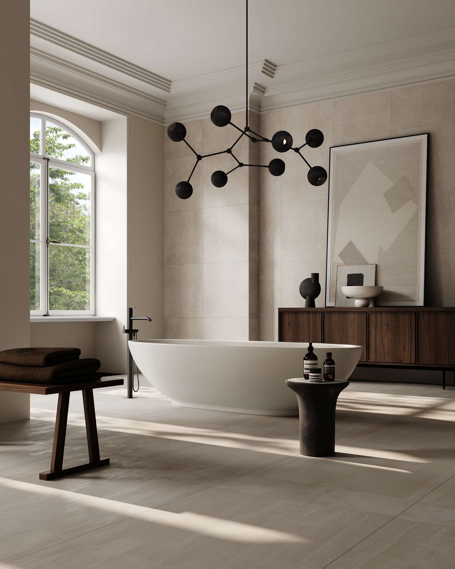 TRUMPET side table in concrete with marble