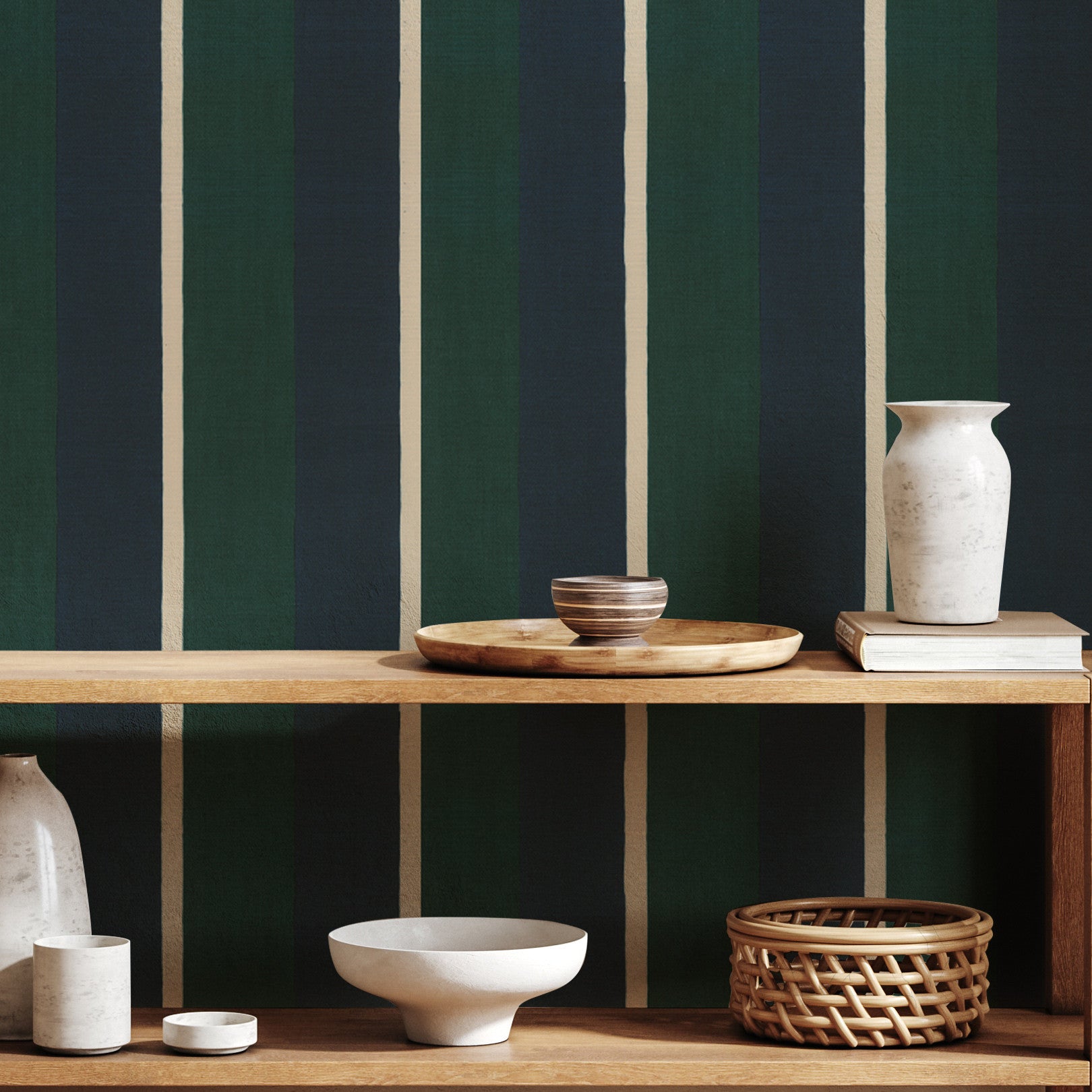 Structural wallpaper imitating striped canvas SINOPIA - MARINE/ENGLISH GREEN navy blue with green