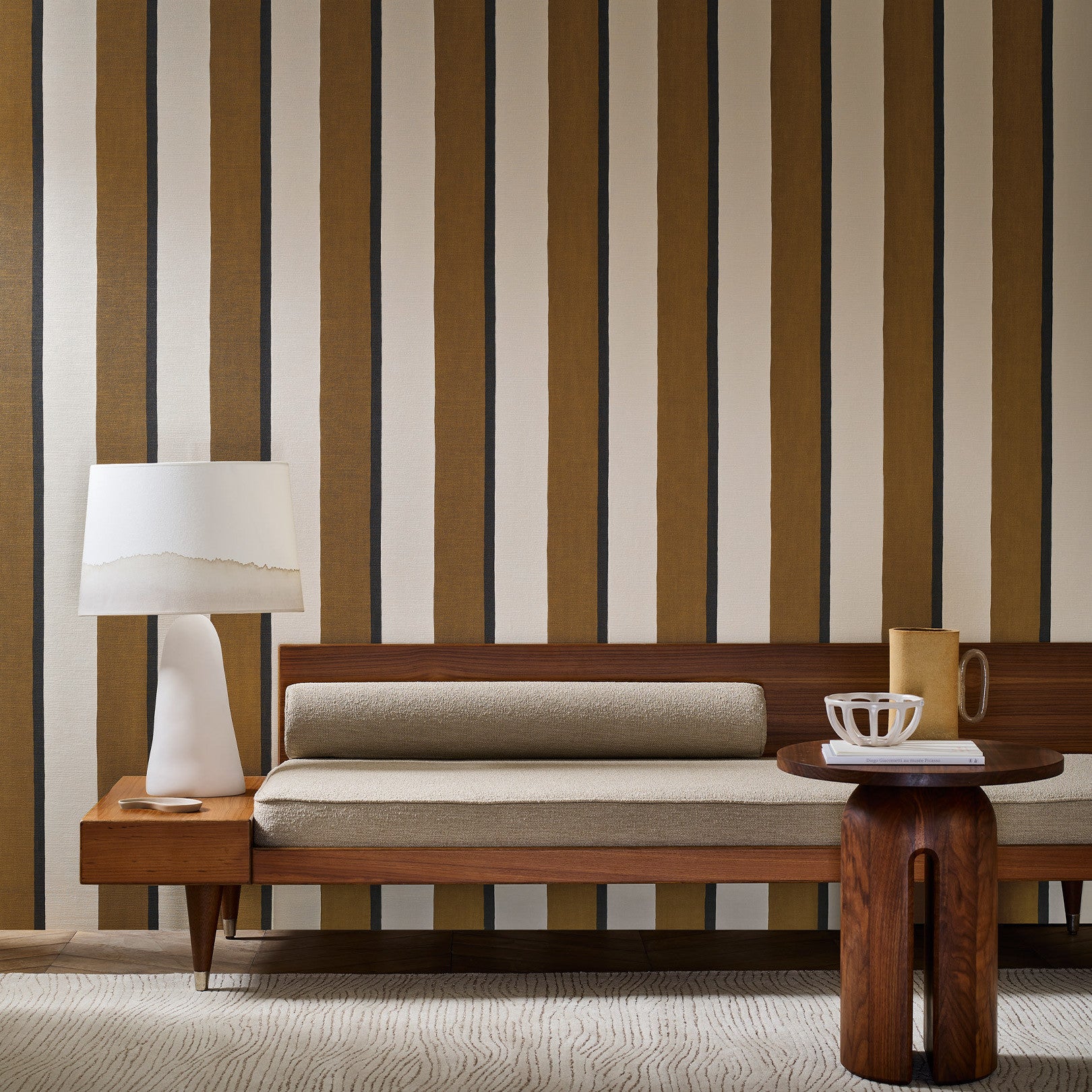 Structural wallpaper imitating striped canvas SINOPIA - NOIR/CAMEL brown with cream