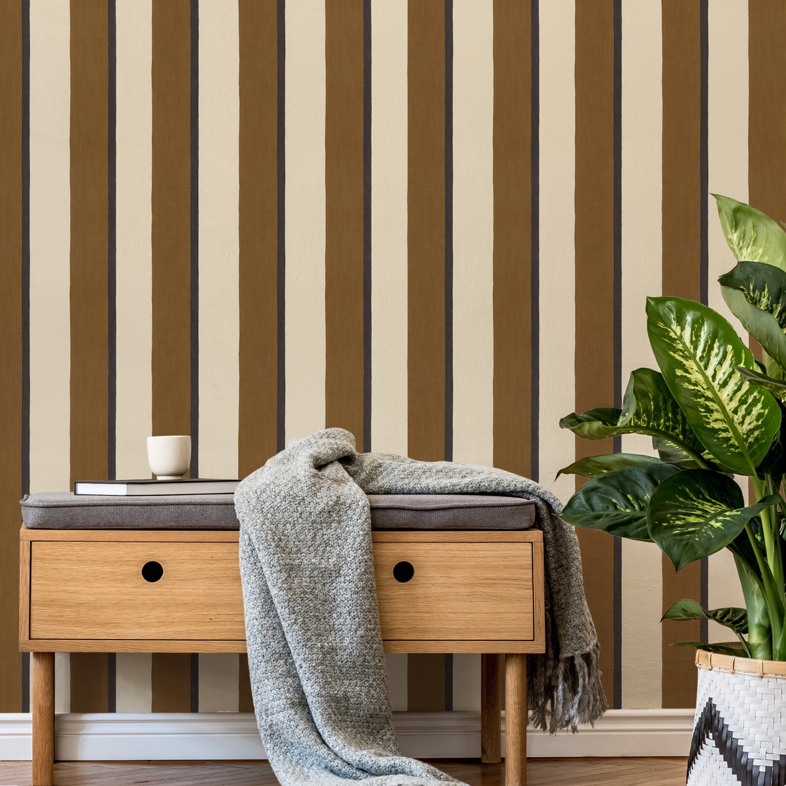 Structural wallpaper imitating striped canvas SINOPIA - NOIR/CAMEL brown with cream