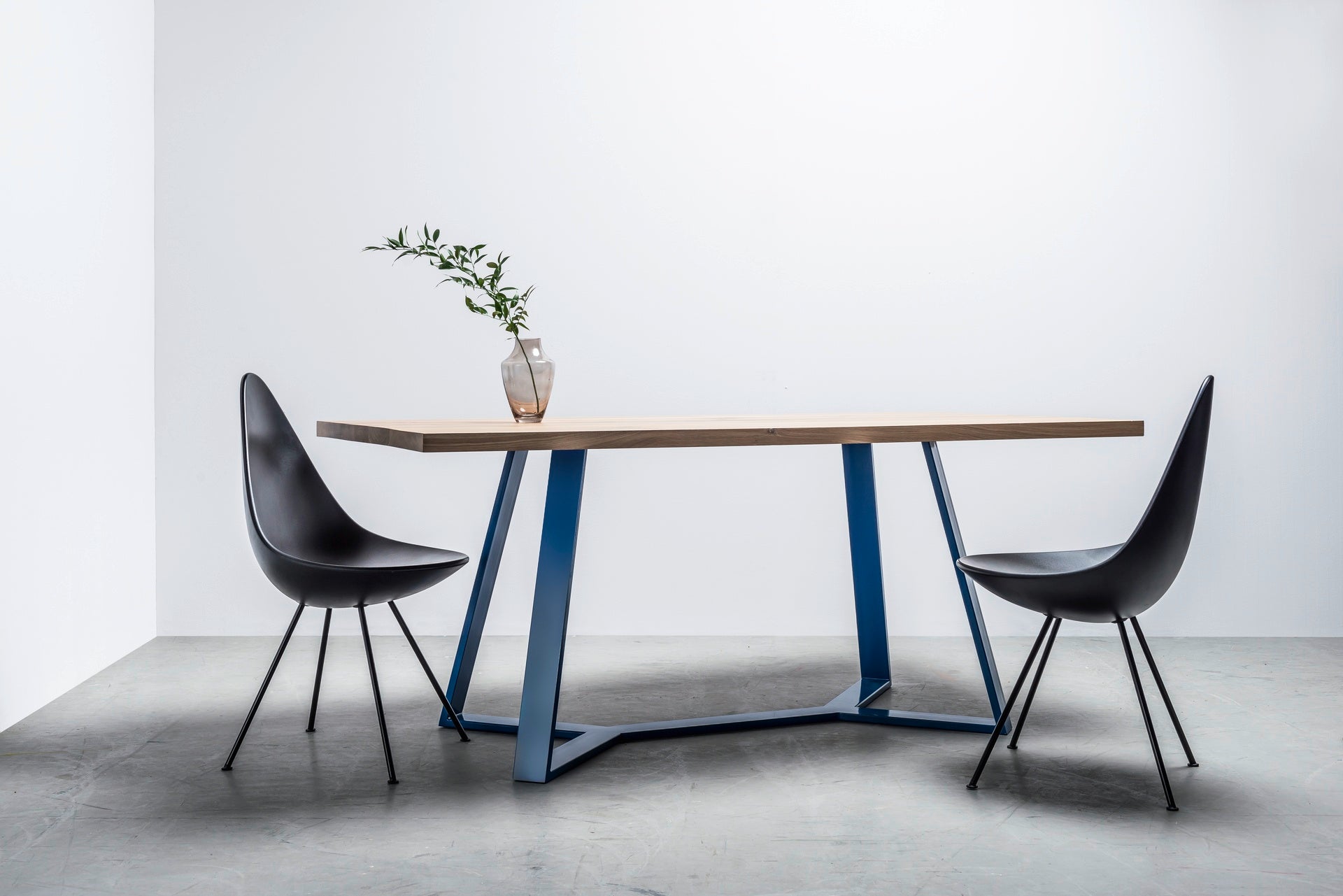 Y oak table top with blue steel base