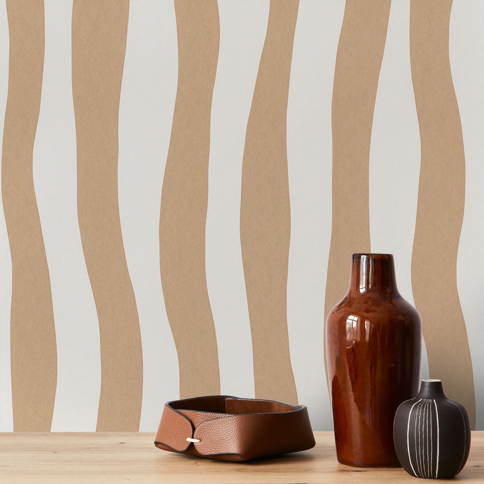 Textured wallpaper with an abstract wavy stripe pattern SUNDAE - SABLE beige