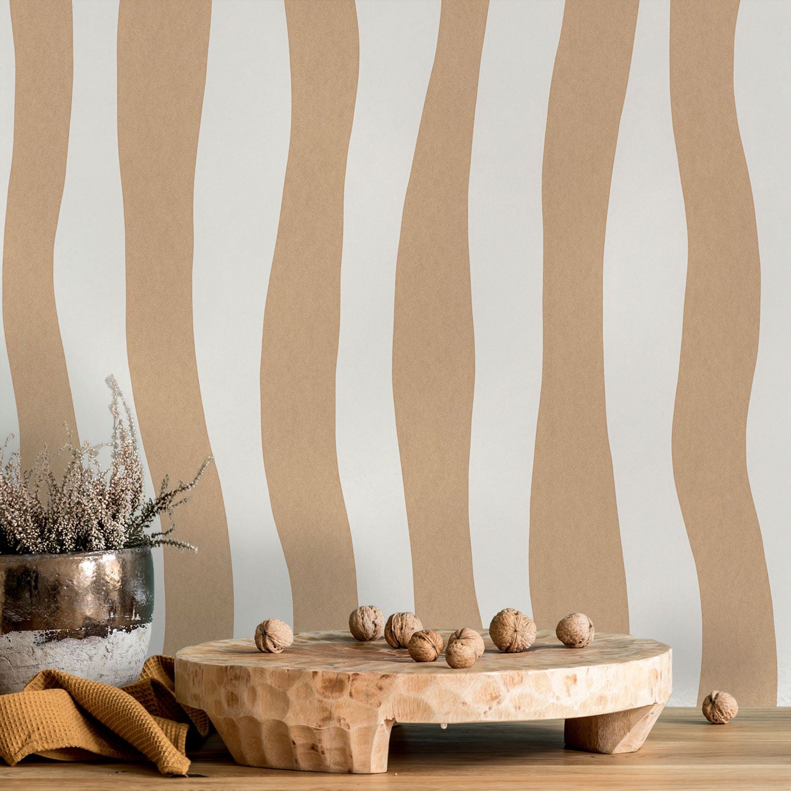 Textured wallpaper with an abstract wavy stripe pattern SUNDAE - SABLE beige