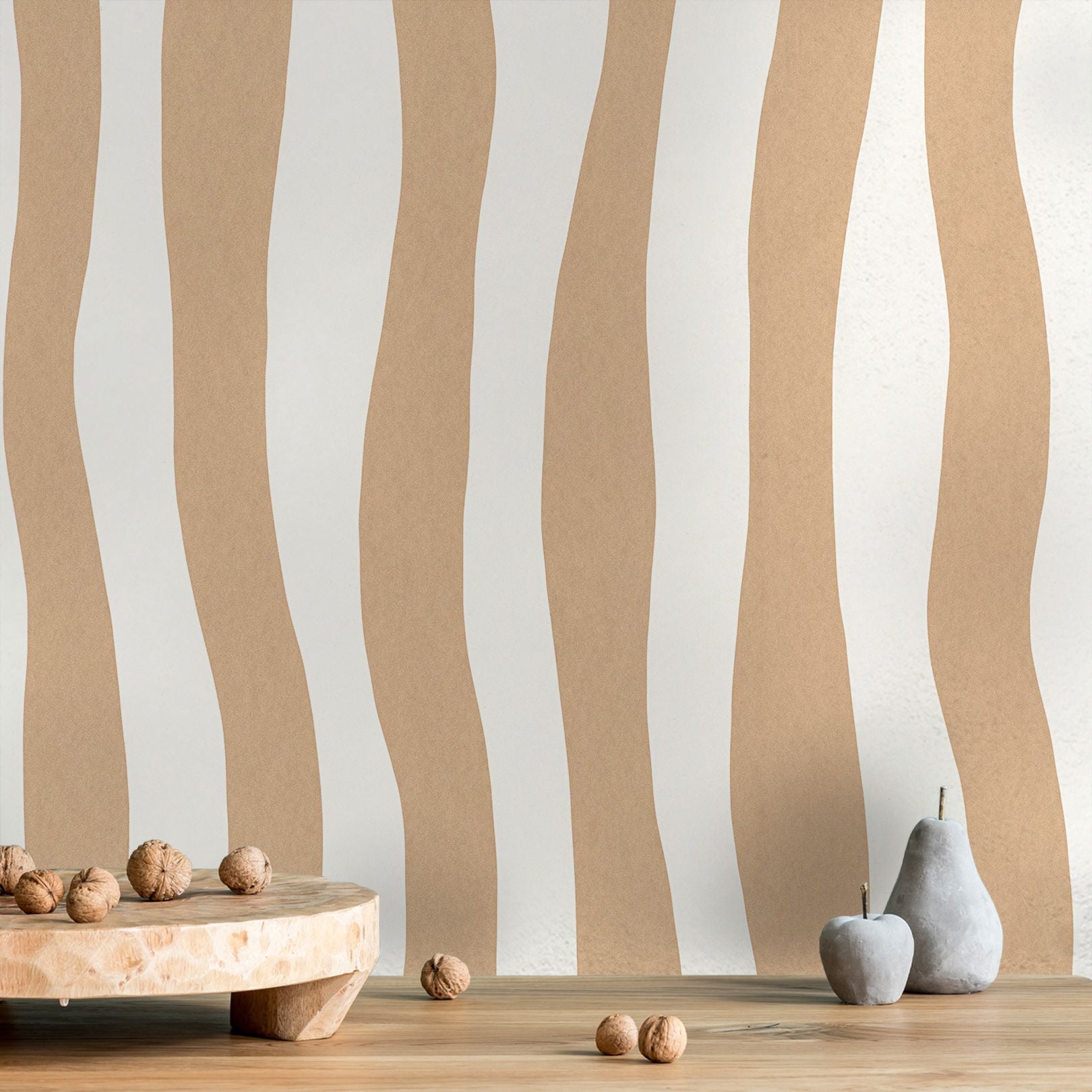 Textured wallpaper with an abstract wavy stripe pattern SUNDAE - SABLE beige