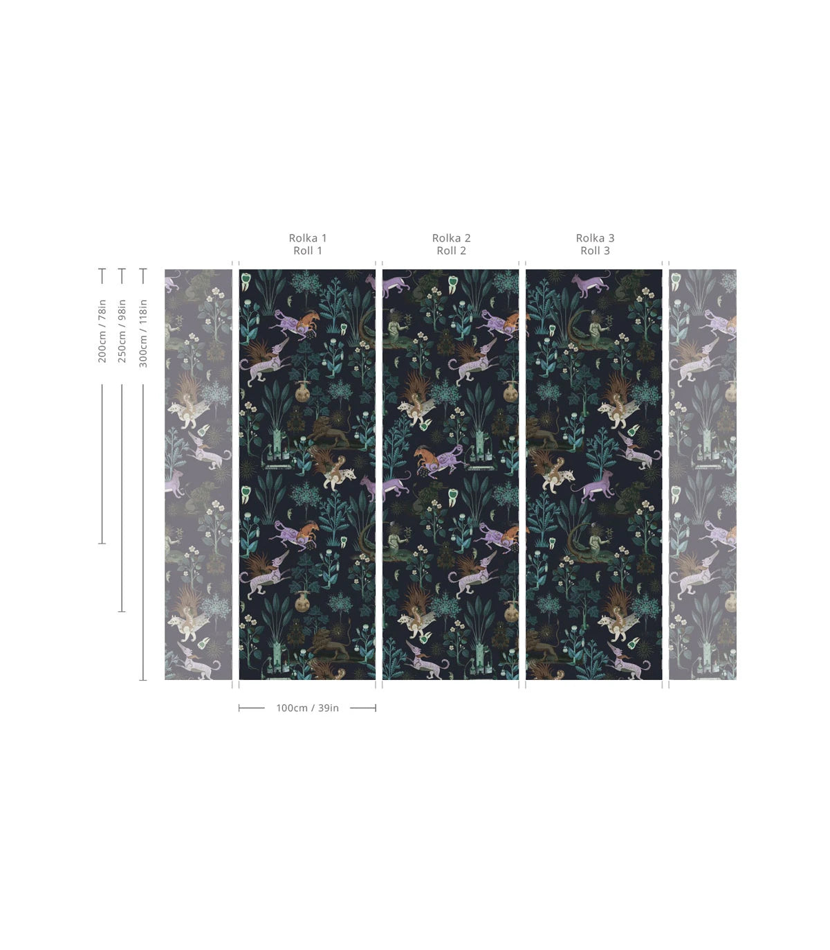 Tapeta s rostlinným motivem a magickými zvířaty BOTANIC BEAST PURPLE černá s fialovou