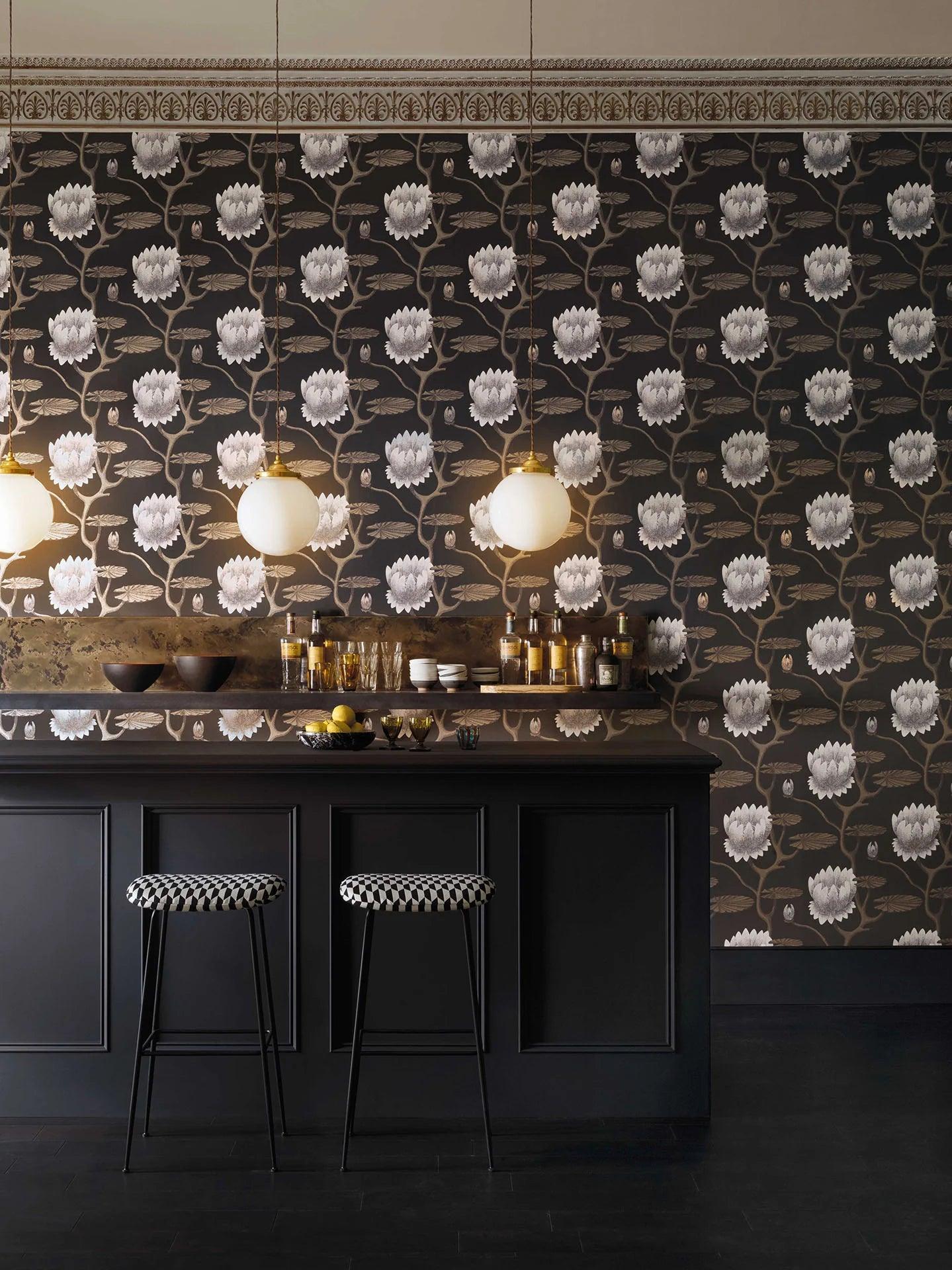 Wallpaper with a floral plant motif CONTEMPORARY COLLECTION - Summer Lily blue on gray