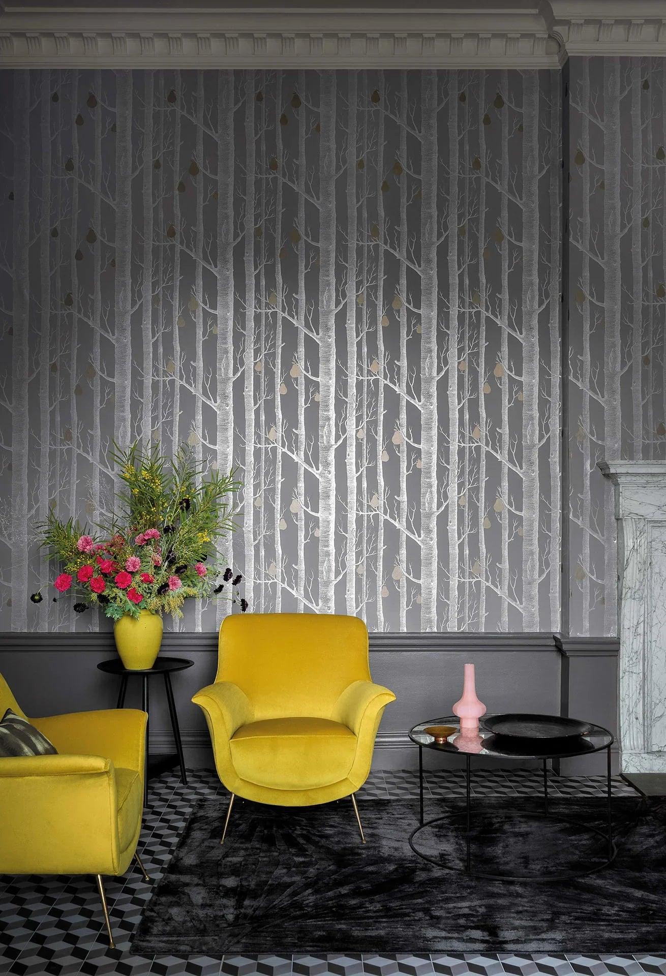 Wallpaper with a plant motif of trees CONTEMPORARY COLLECTION - Woods & Pears metallic brown on black