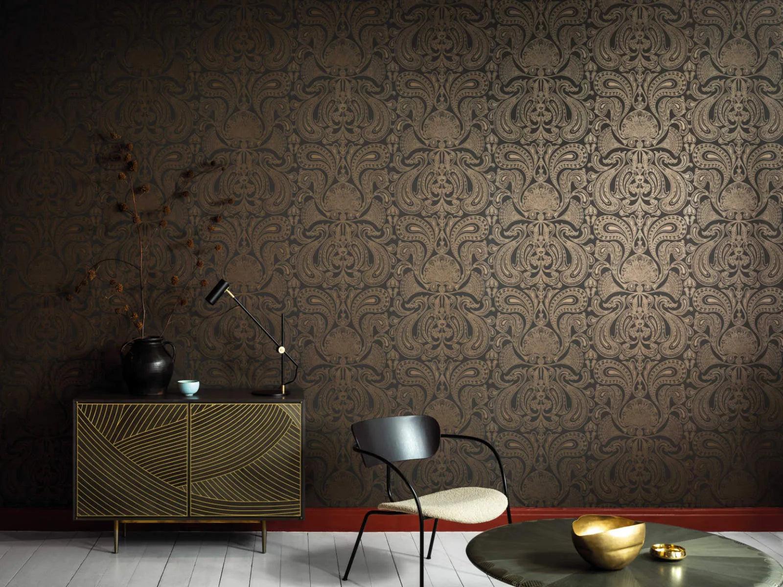 Contemporary Restyled Wallpaper with Ornaments - Malabar Chalk on Gray