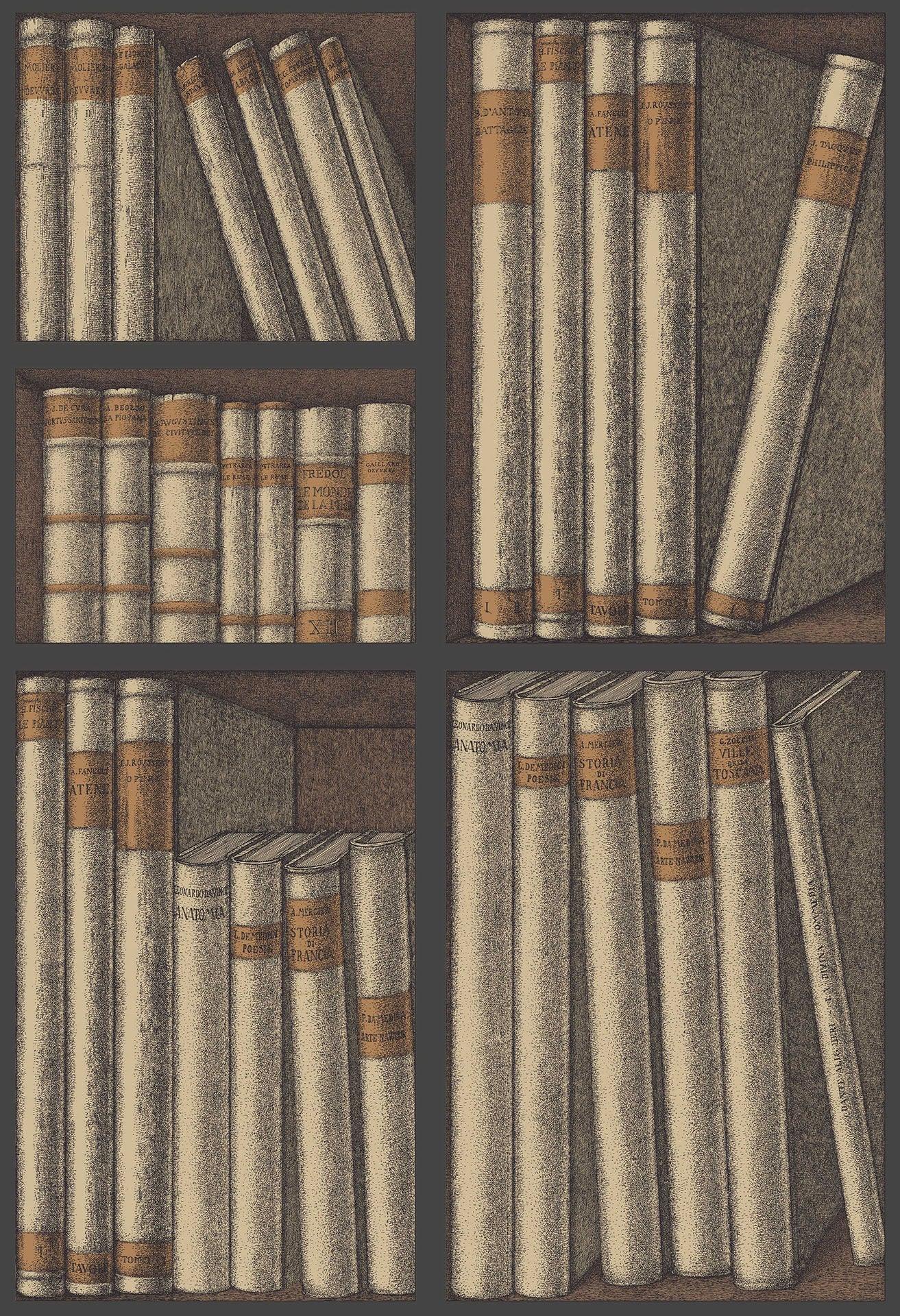 Wallpaper with a library and books motif FORNASETTI - Ex Libris ochre