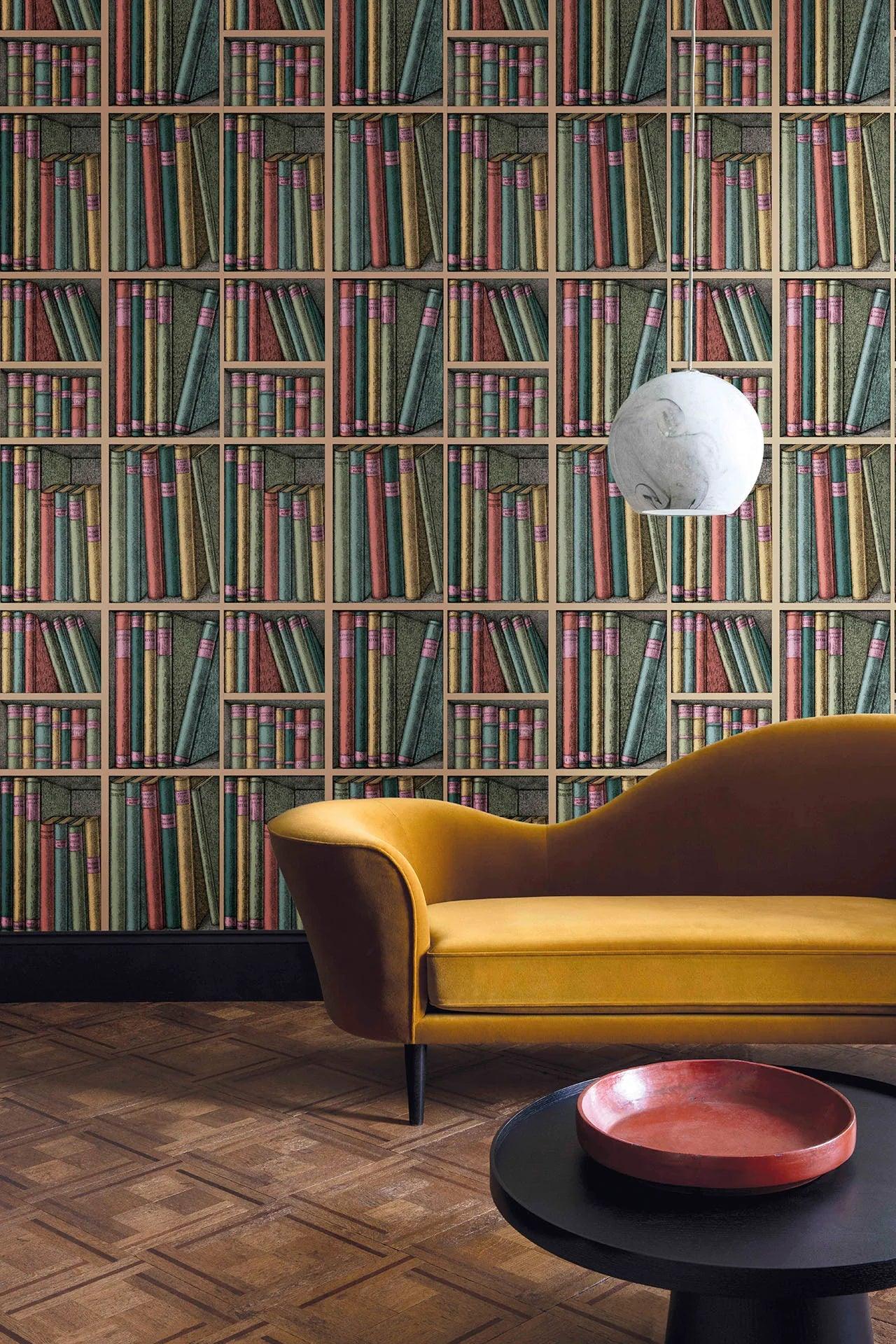 Wallpaper with a library and books motif FORNASETTI - Ex Libris ochre
