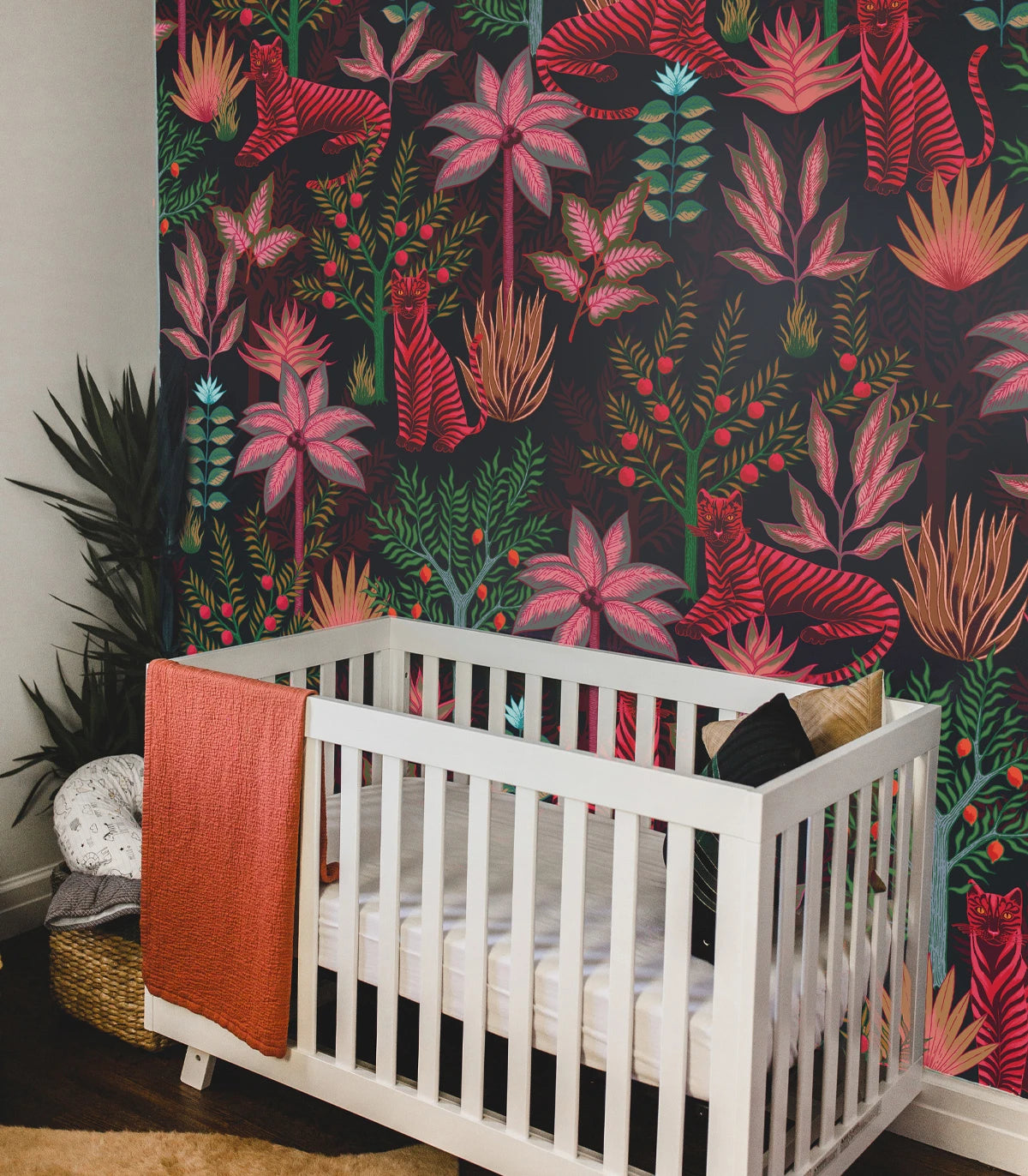 Gold Tigers Black Wallpaper with Floral and Animal Motif in Black and Red