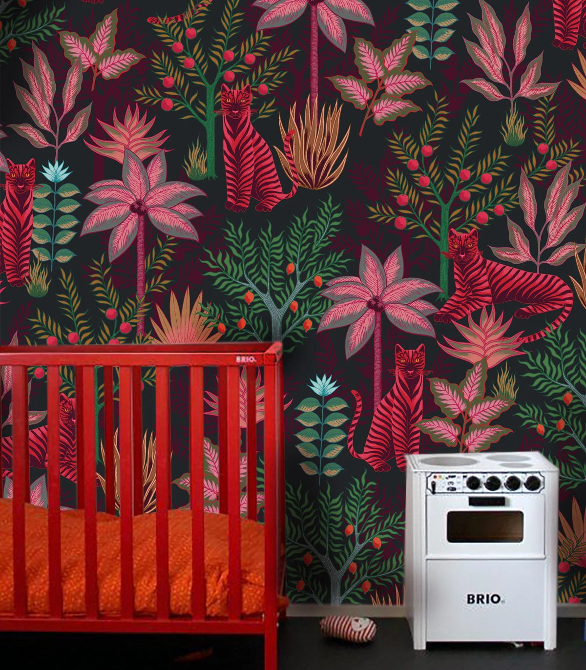 Gold Tigers Black Wallpaper with Floral and Animal Motif in Black and Red