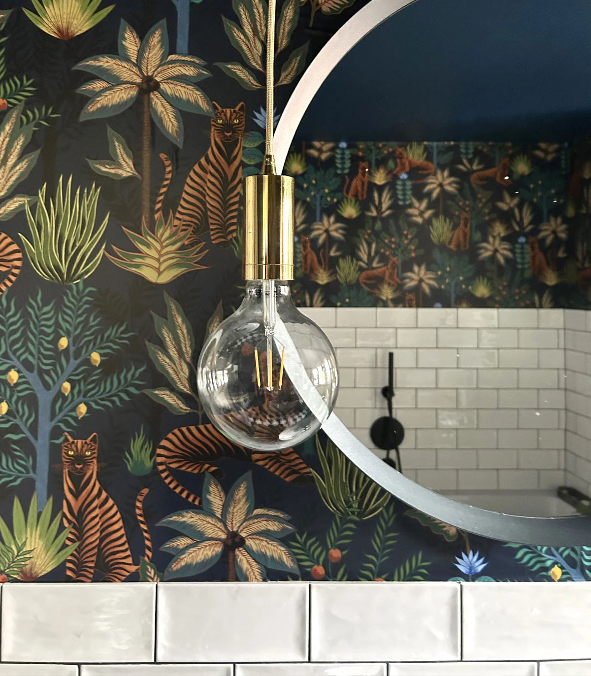 Dark Blue Wallpaper with Gold Animal and Plant Motif - Gold Tigers