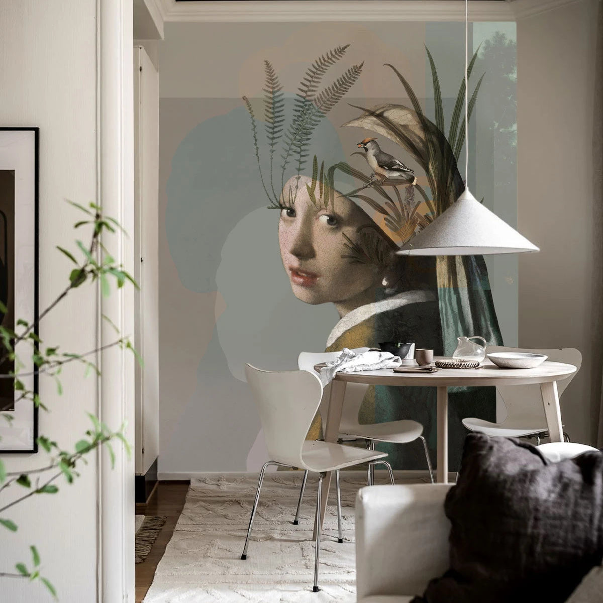 Wallpaper with the artistic portrait NATURE GIRL WITH THE PEARL beige with green