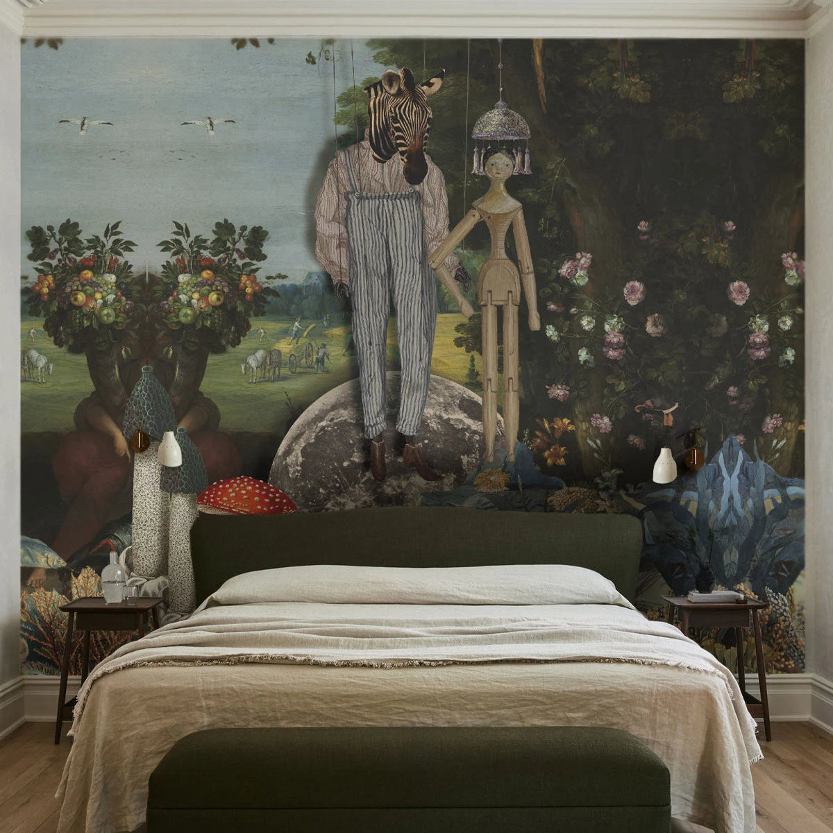 Wallpaper with an Artistic Landscape PUPPETS Dark Green with Blue