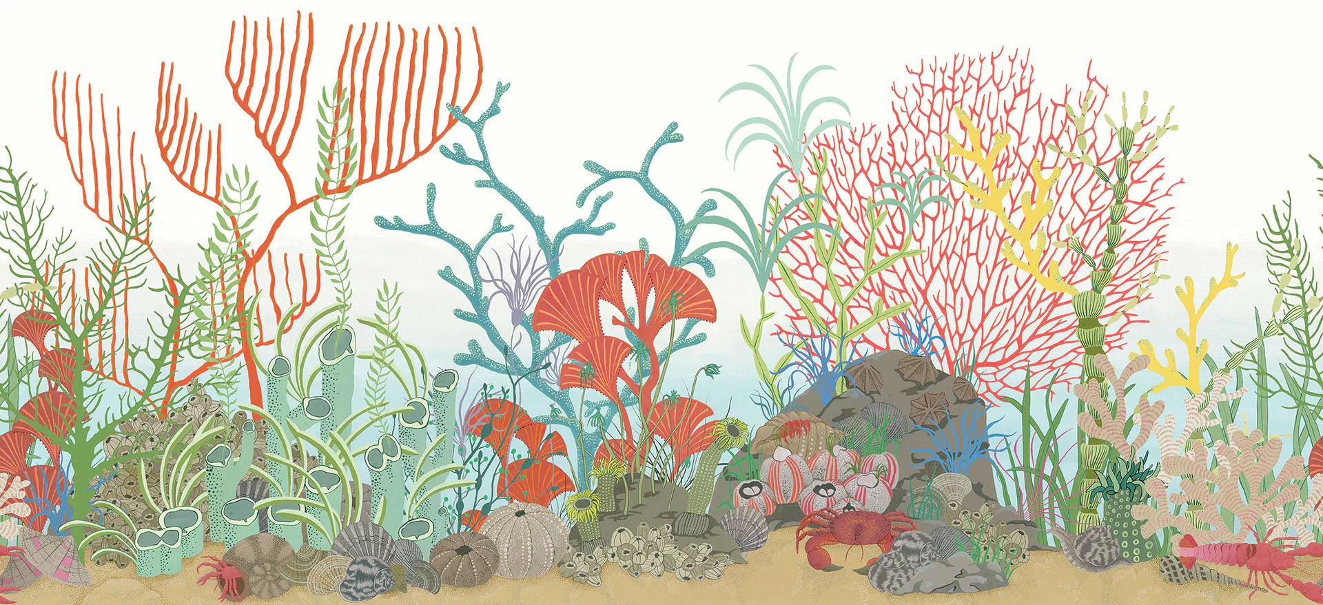 Tapeta s mořským motivem korálovce WHIMSICAL - Archipelago Border modrá s červenou