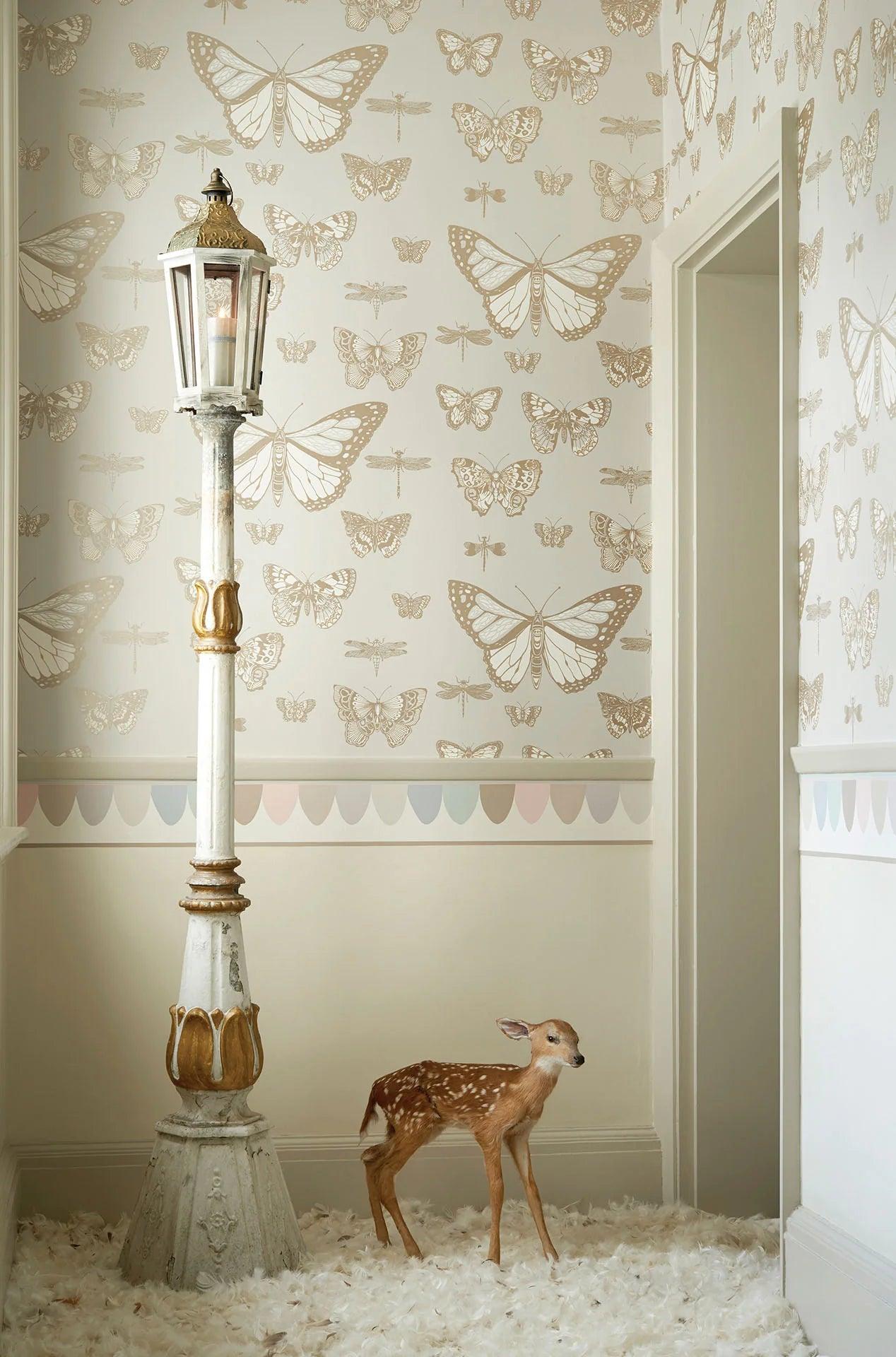 Whimsical Animal Pattern Wallpaper - Butterflies & Dragonflies Green on Cream