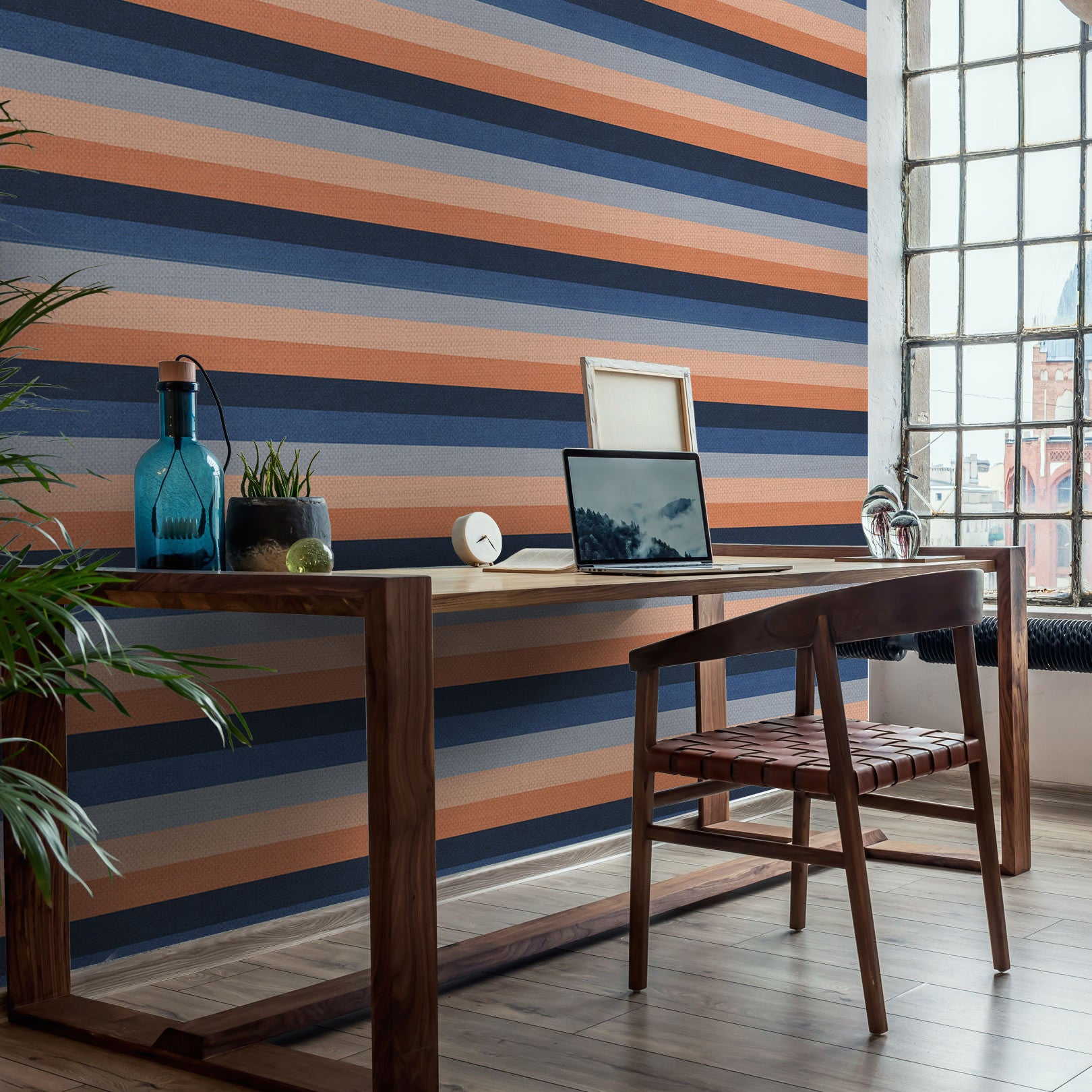 Tapeta strukturovaná s pruhy TRANSAT - MARINE/CORAIL tmavě modrá s korálovou