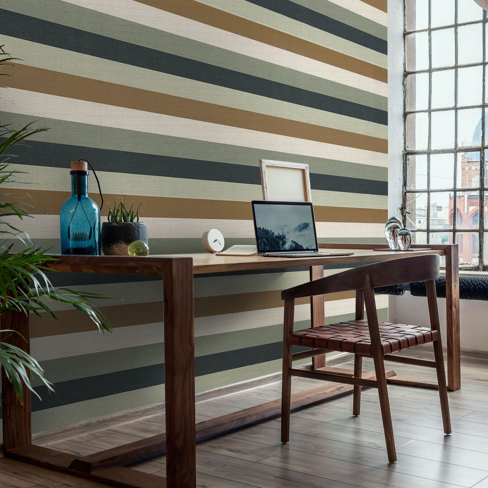 Striped Structural Wallpaper TRANSAT - CELADON/BRONZE mint green with brown