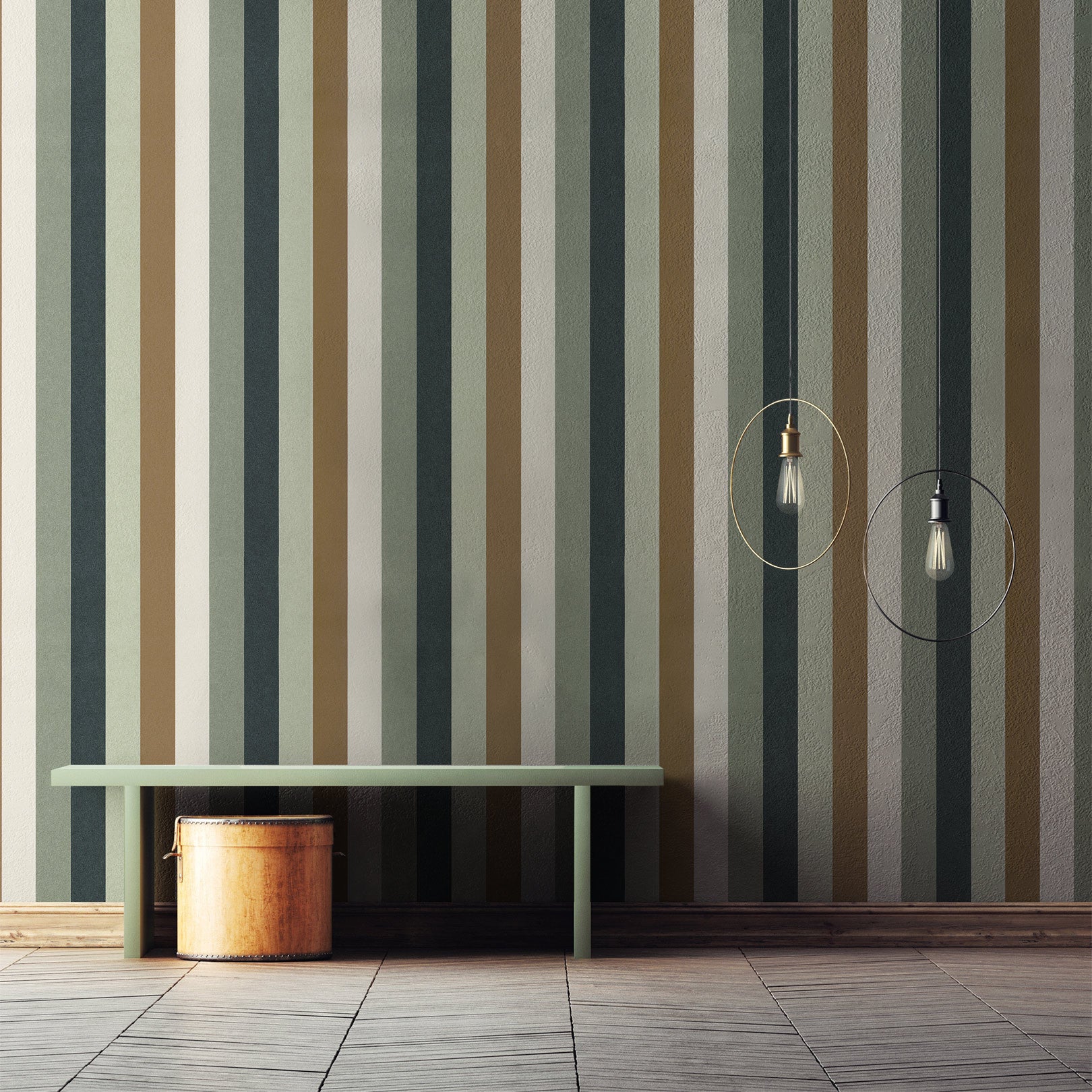 Striped Structural Wallpaper TRANSAT - CELADON/BRONZE mint green with brown