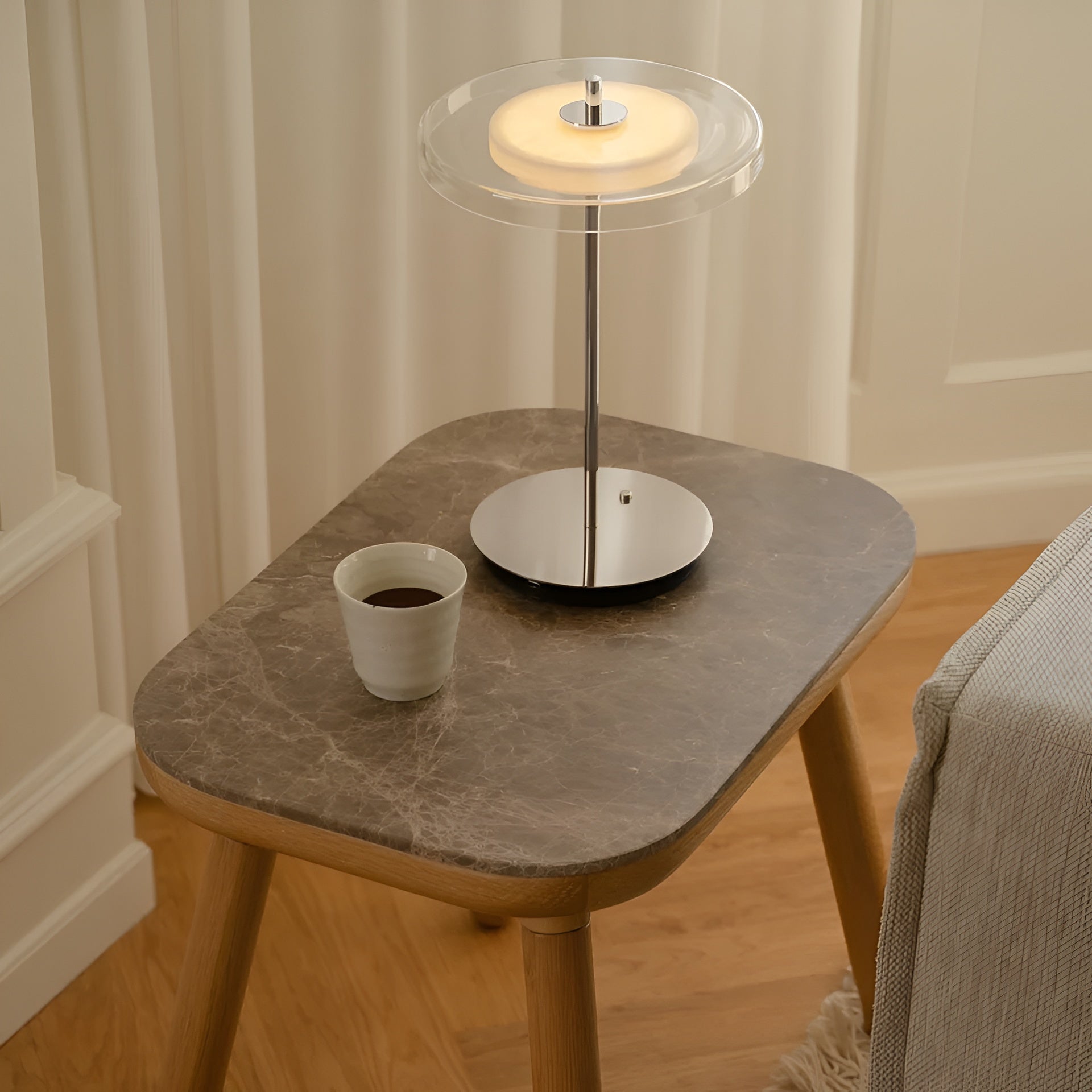 Přenosná lampa ASTERIA GLASS MOVE průhledná se stříbrným podstavcem