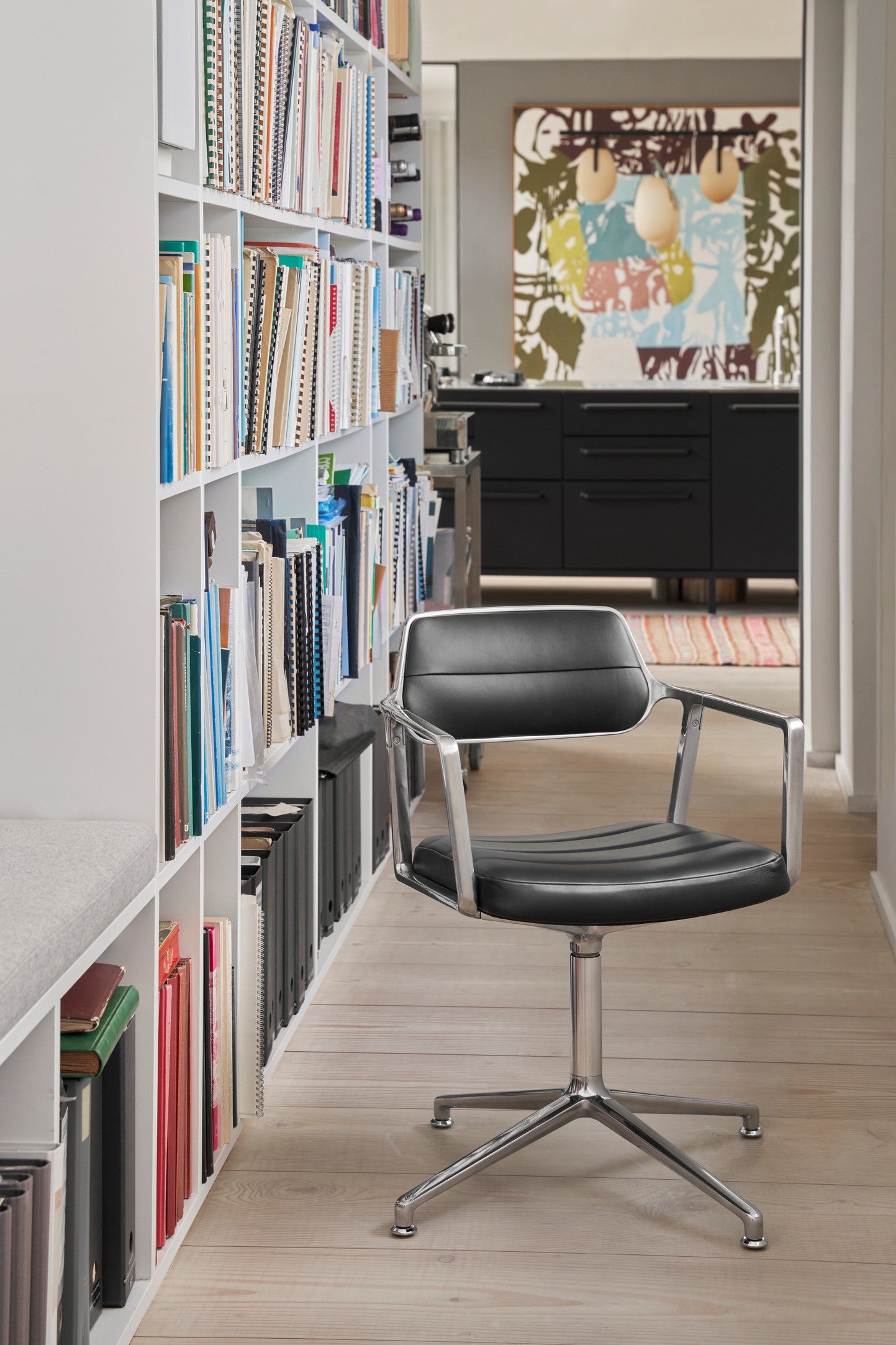 Office Chair 453 Black Leather with Black Metal Base