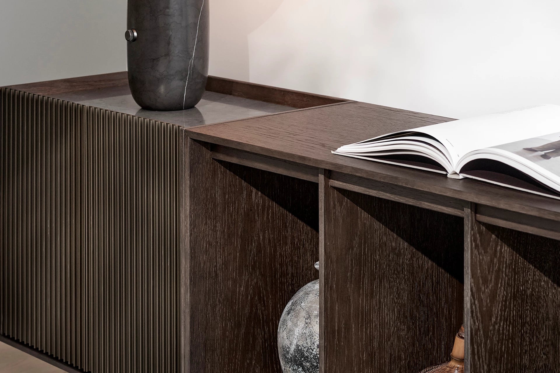 H5 Wall-Mounted Cabinet Dark Oak Veneer with Gray Marble Top